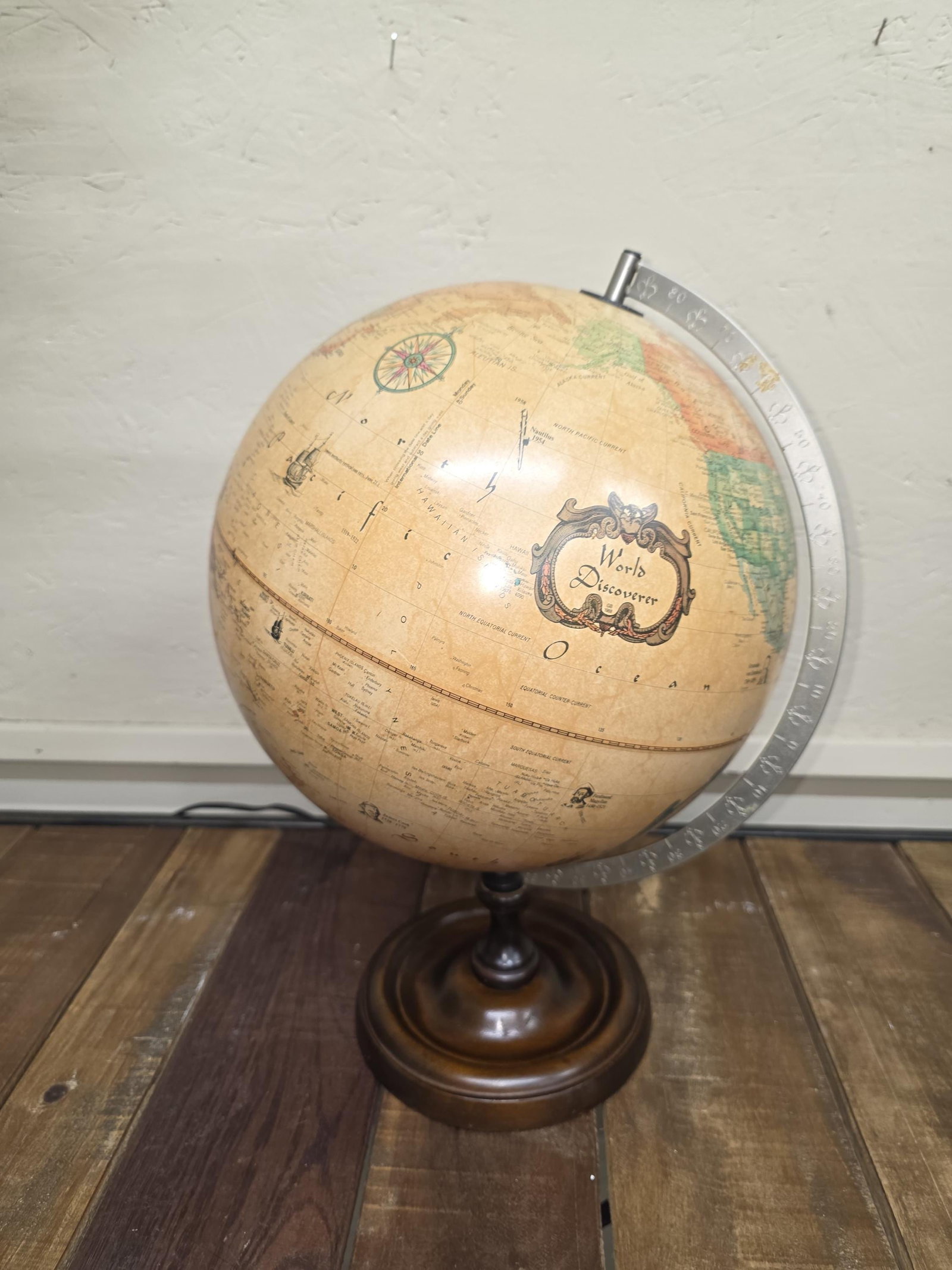 1980 Replogle World Discoverer, Illuminated Parchment Desk Globe, Wood Base - 3