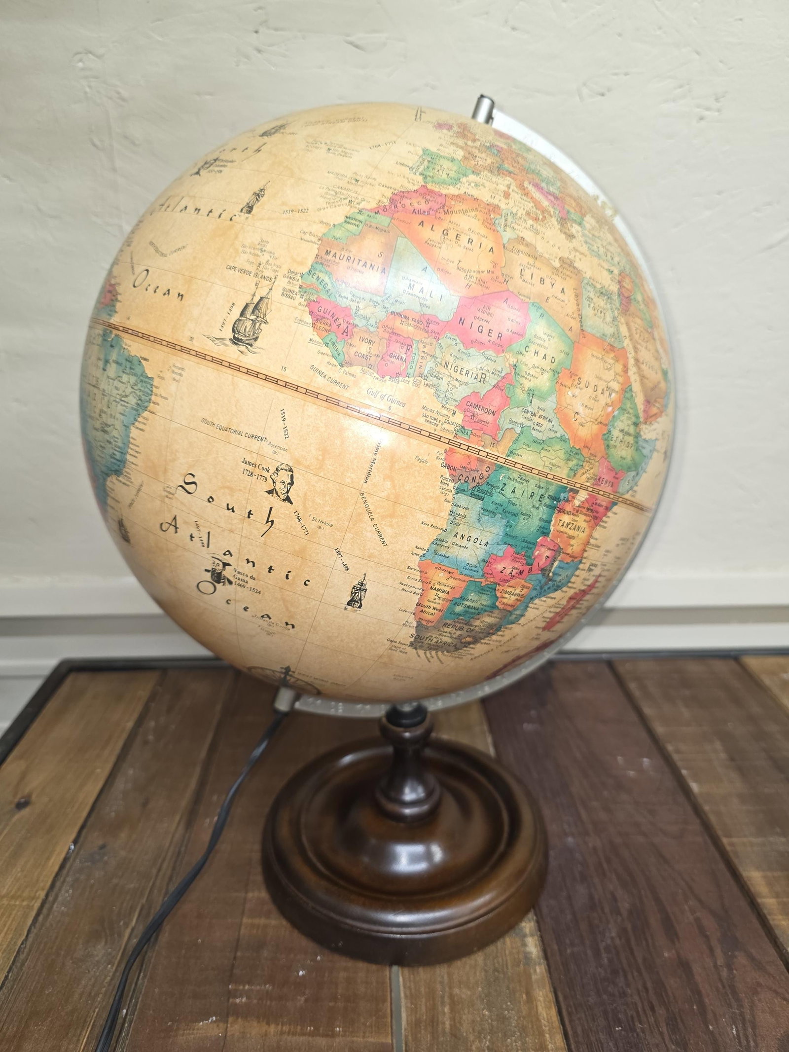 1980 Replogle World Discoverer, Illuminated Parchment Desk Globe, Wood Base - 8