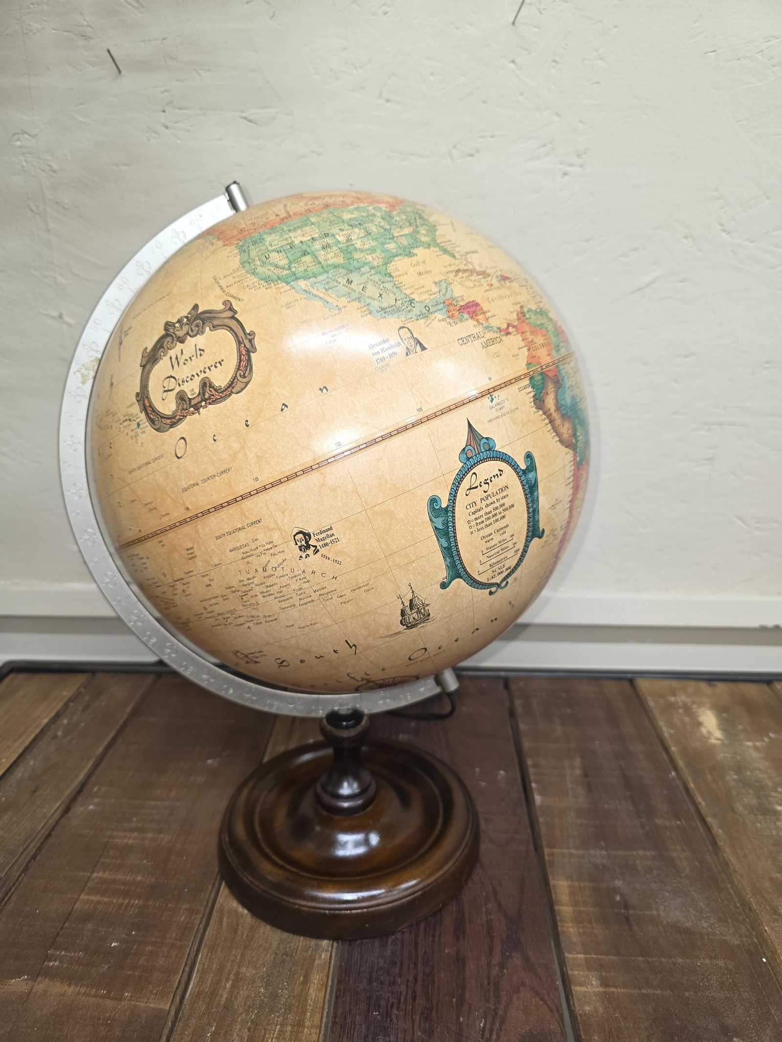 1980 Replogle World Discoverer, Illuminated Parchment Desk Globe, Wood Base - 9