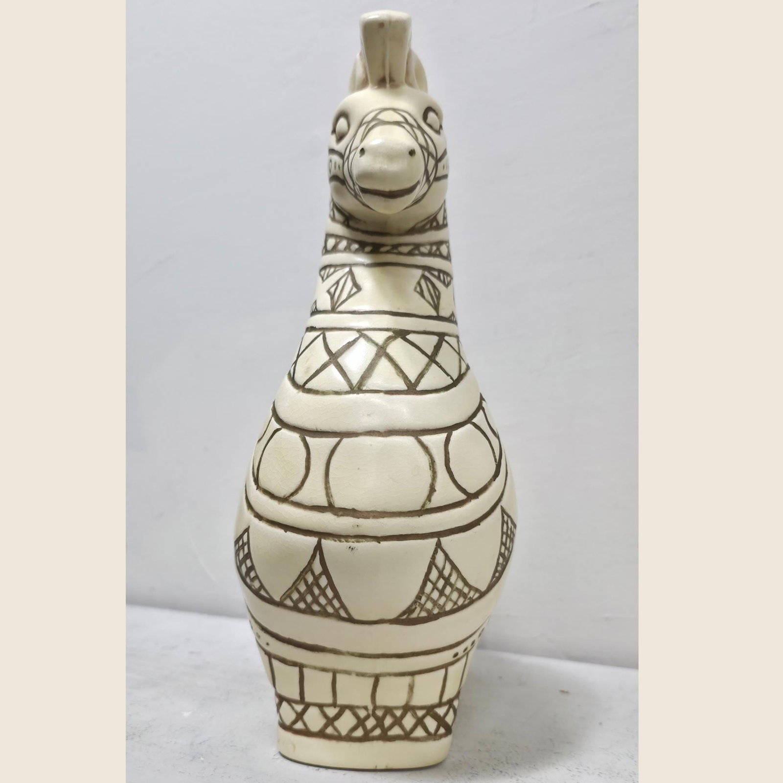 Studio Ceramic Horse Sculpture, Sgraffito Incised Geometric Decor, Signed 1967 - 17