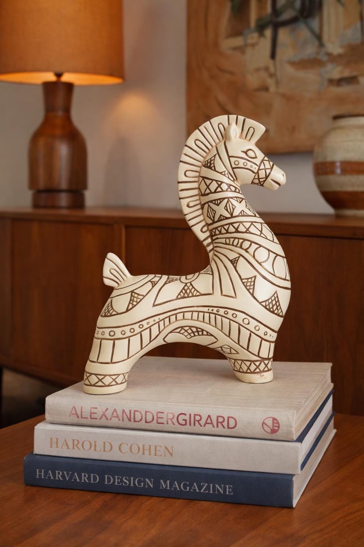 Studio Ceramic Horse Sculpture, Sgraffito Incised Geometric Decor, Signed 1967 - 2