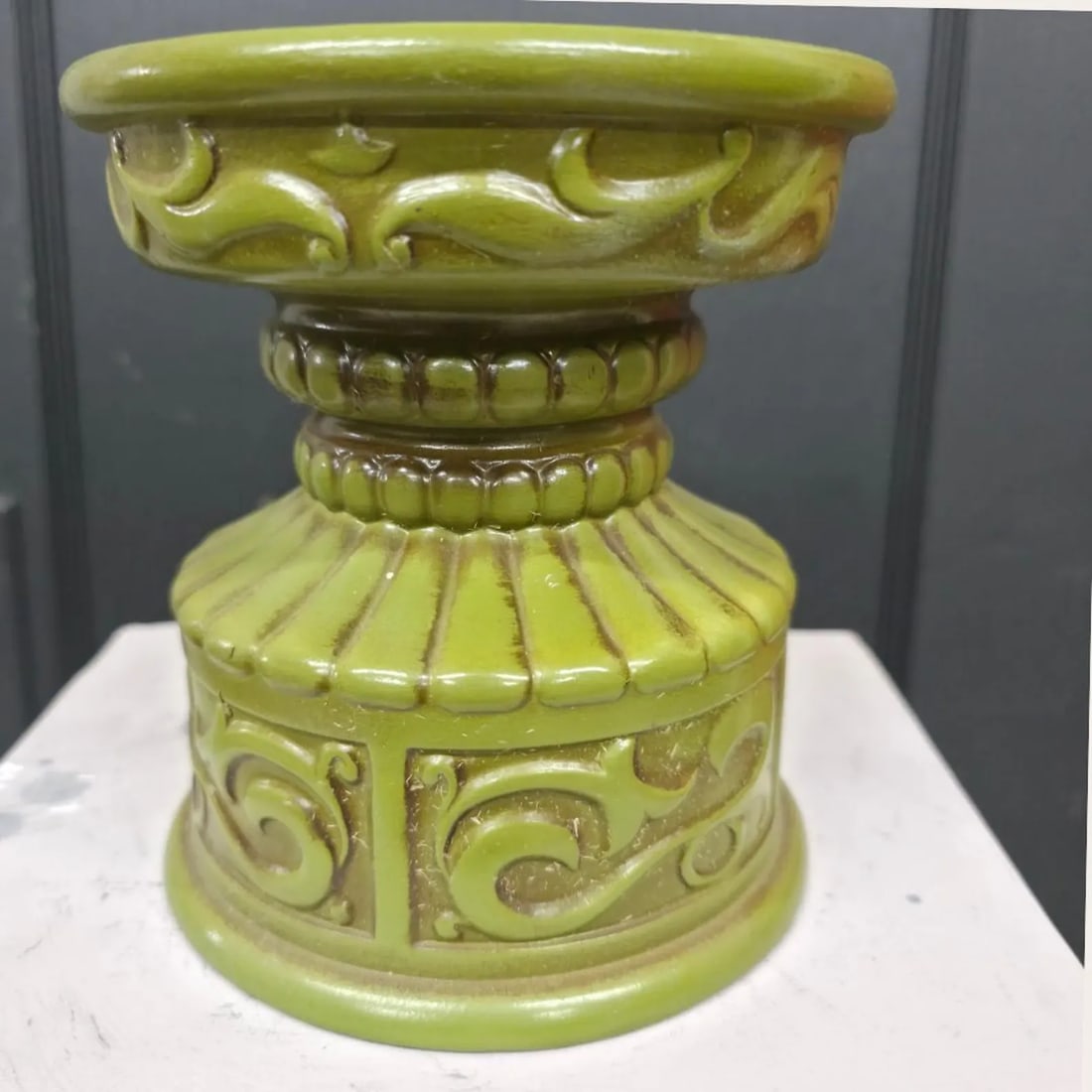1970 Olive Green Ceramic Pillar Candle Holder, Japan MCM Pedestal Riser: The kind of piece that makes a pillar candle look like it was always meant to be there. DETAILS AT A GLANCE Size: 6"H × 6"W — holds standard 3" pillar candles Origin: Japan, circa 1960s–1970s