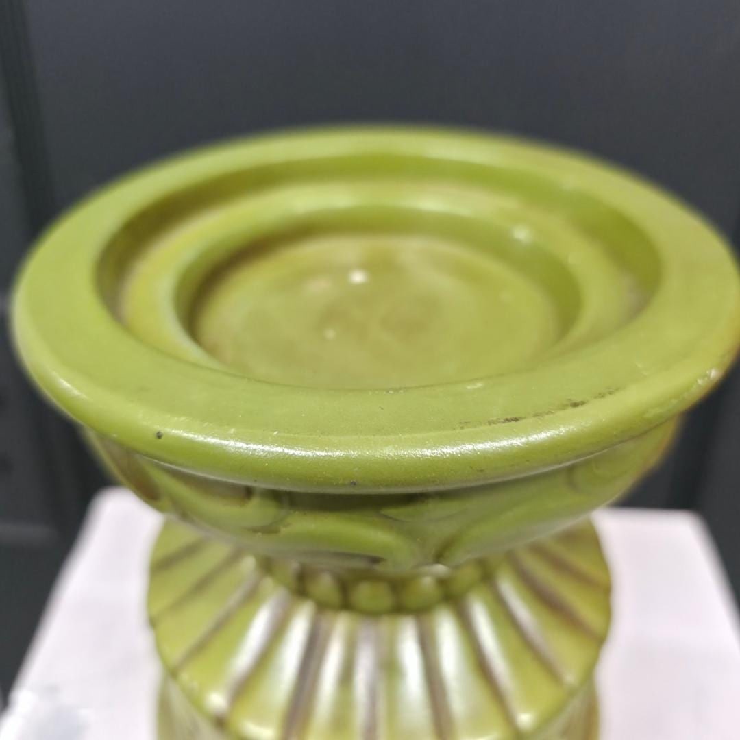 1970 Olive Green Ceramic Pillar Candle Holder, Japan MCM Pedestal Riser - 2