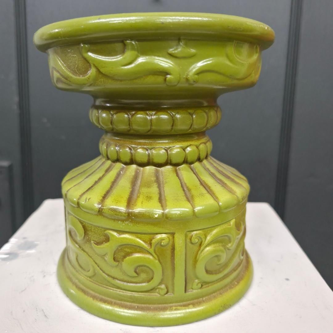 1970 Olive Green Ceramic Pillar Candle Holder, Japan MCM Pedestal Riser - 3