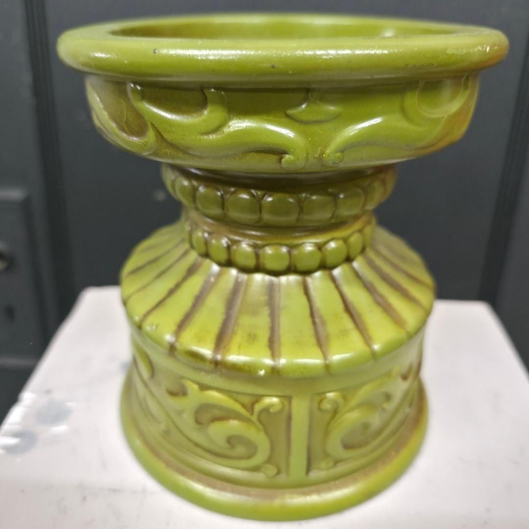 1970 Olive Green Ceramic Pillar Candle Holder, Japan MCM Pedestal Riser - 4