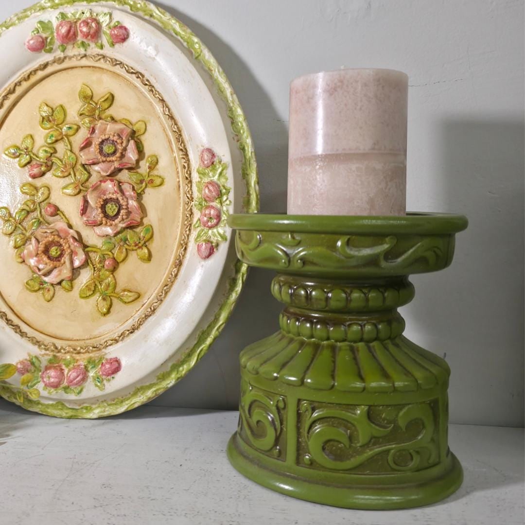 1970 Olive Green Ceramic Pillar Candle Holder, Japan MCM Pedestal Riser - 5
