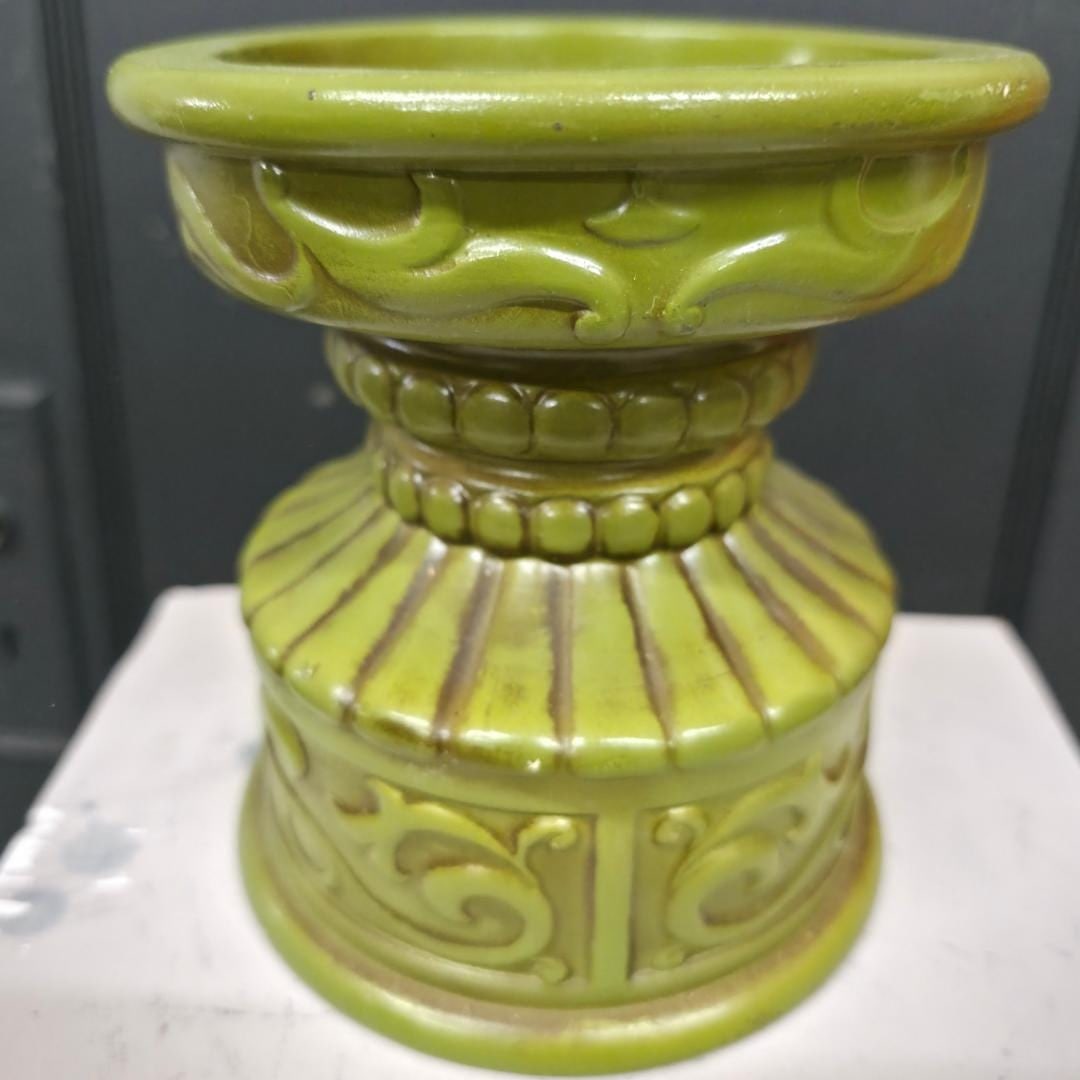 1970 Olive Green Ceramic Pillar Candle Holder, Japan MCM Pedestal Riser - 7