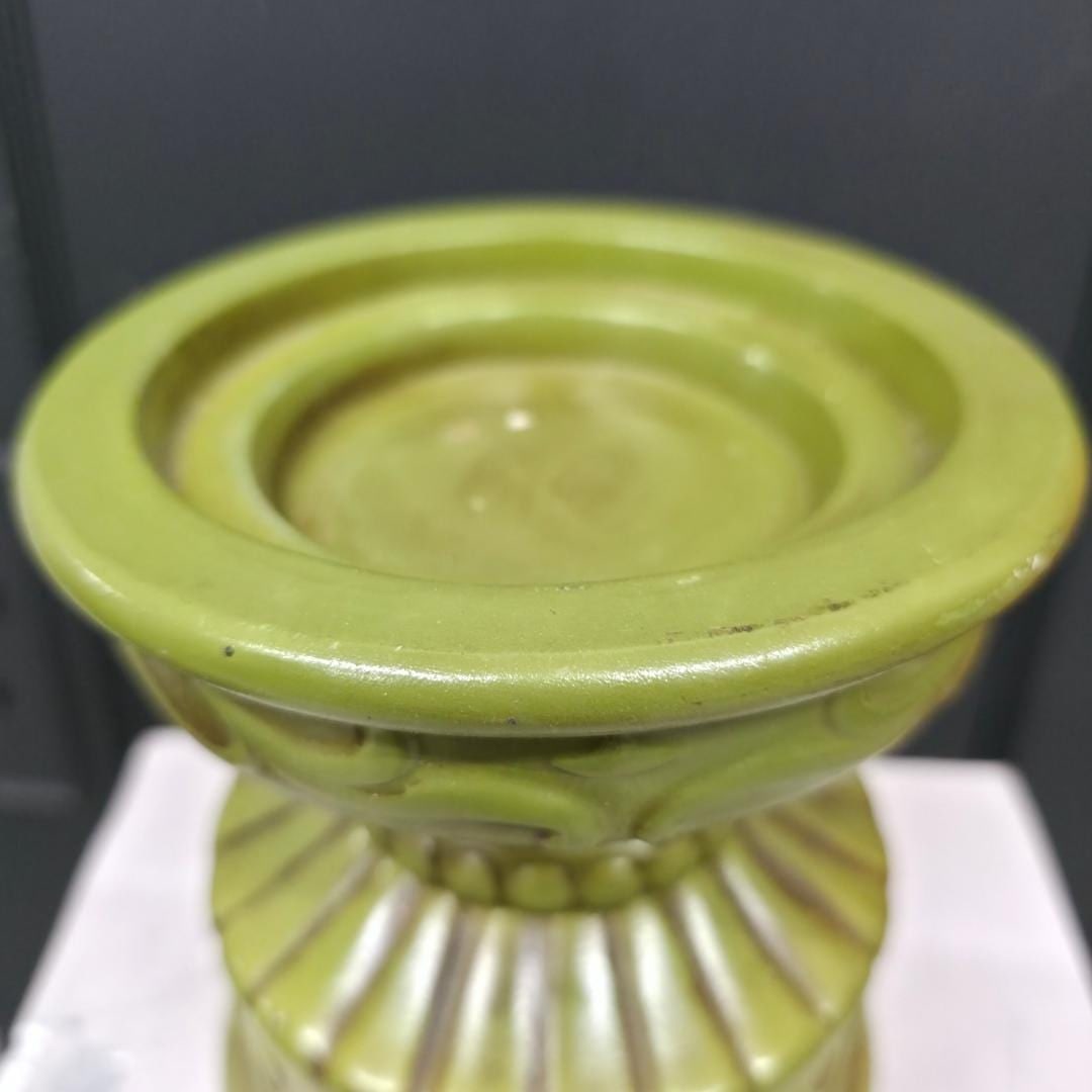 1970 Olive Green Ceramic Pillar Candle Holder, Japan MCM Pedestal Riser - 8