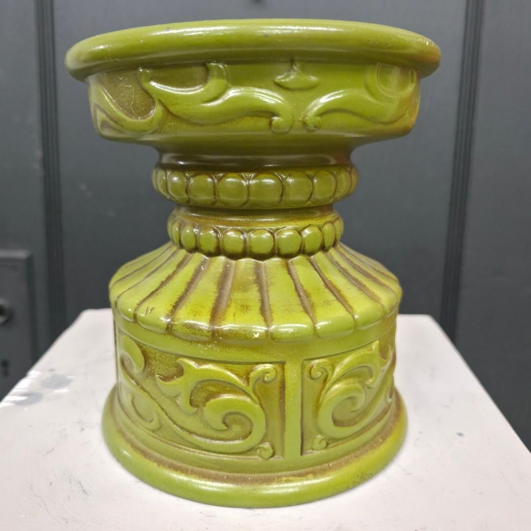 1970 Olive Green Ceramic Pillar Candle Holder, Japan MCM Pedestal Riser - 9