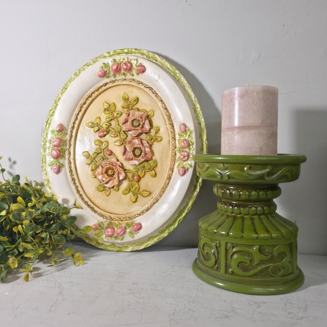 Chalkware Floral Wall Plaque, Oval Raised Relief Pink Roses Cottage - 3