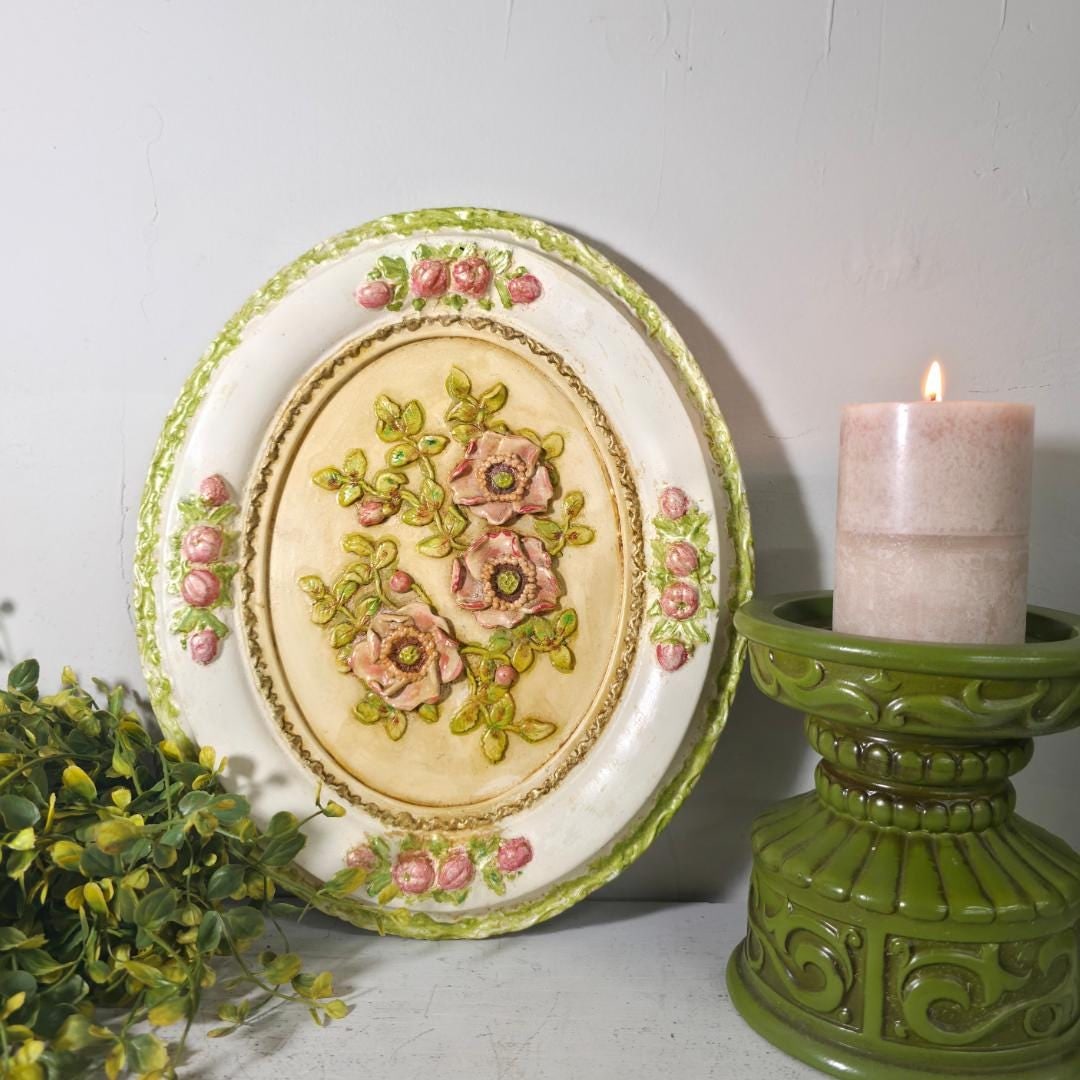 Chalkware Floral Wall Plaque, Oval Raised Relief Pink Roses Cottage - 5