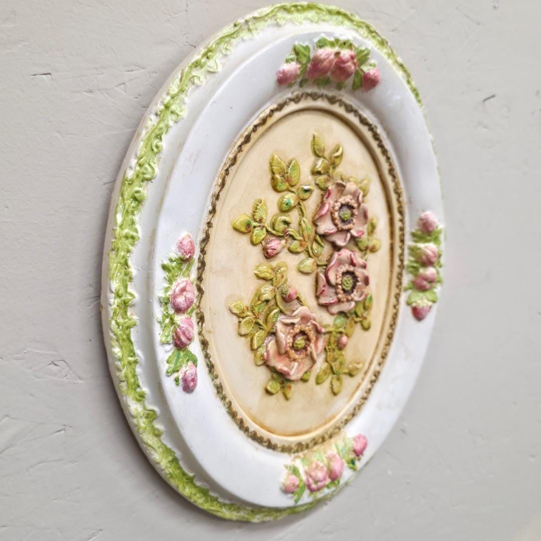 Chalkware Floral Wall Plaque, Oval Raised Relief Pink Roses Cottage - 8