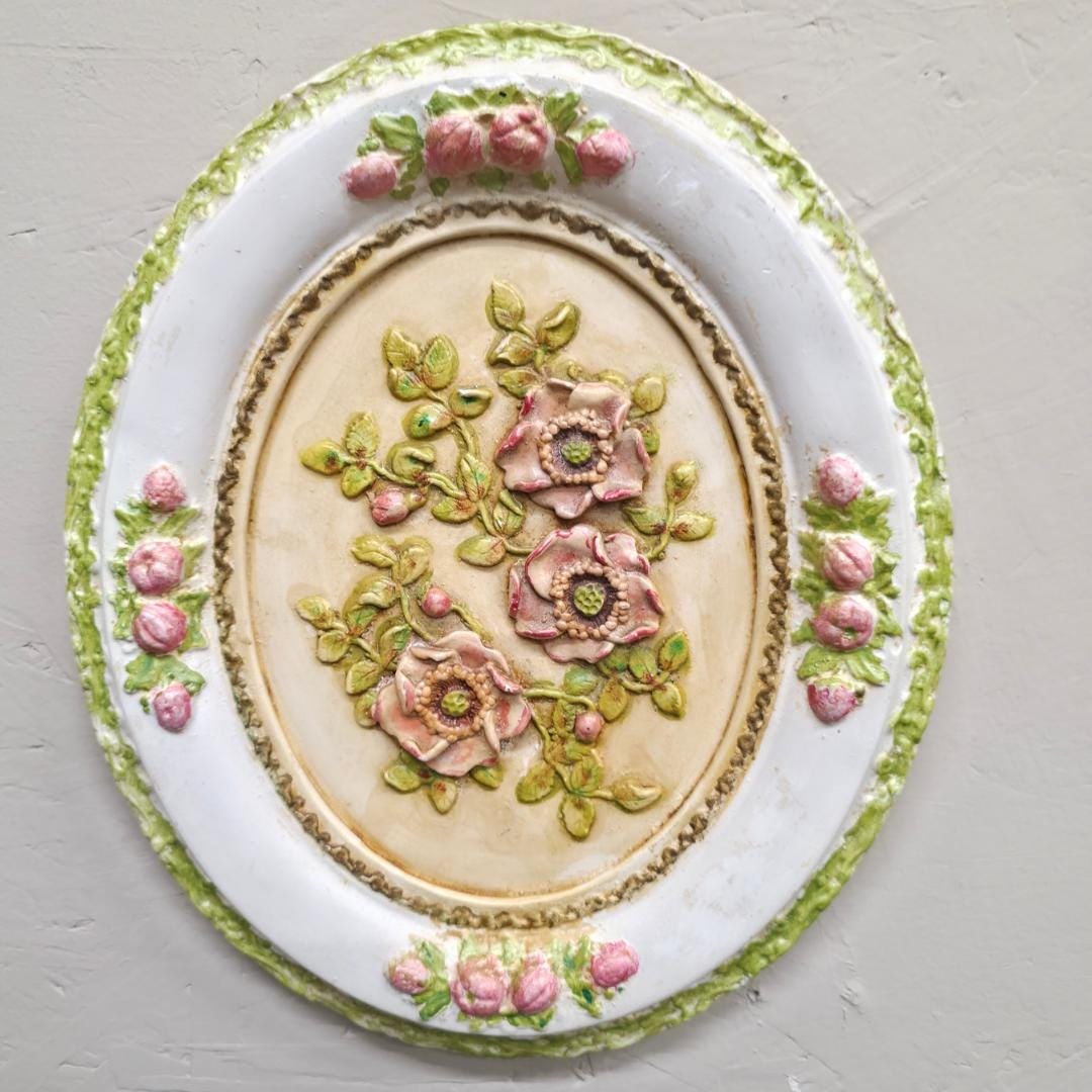 Chalkware Floral Wall Plaque, Oval Raised Relief Pink Roses Cottage - 9
