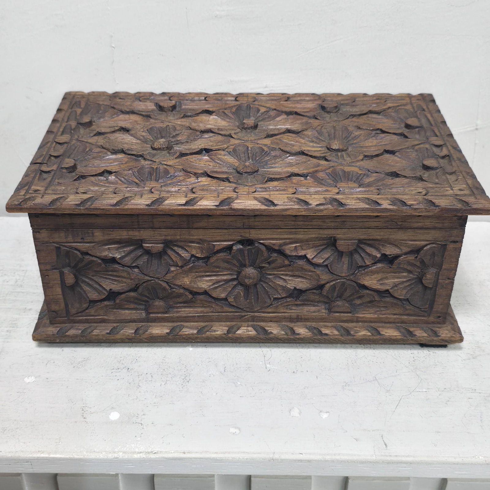 Carved Floral Wood Keepsake Box, Vintage Folk Art Trinket Chest - 11