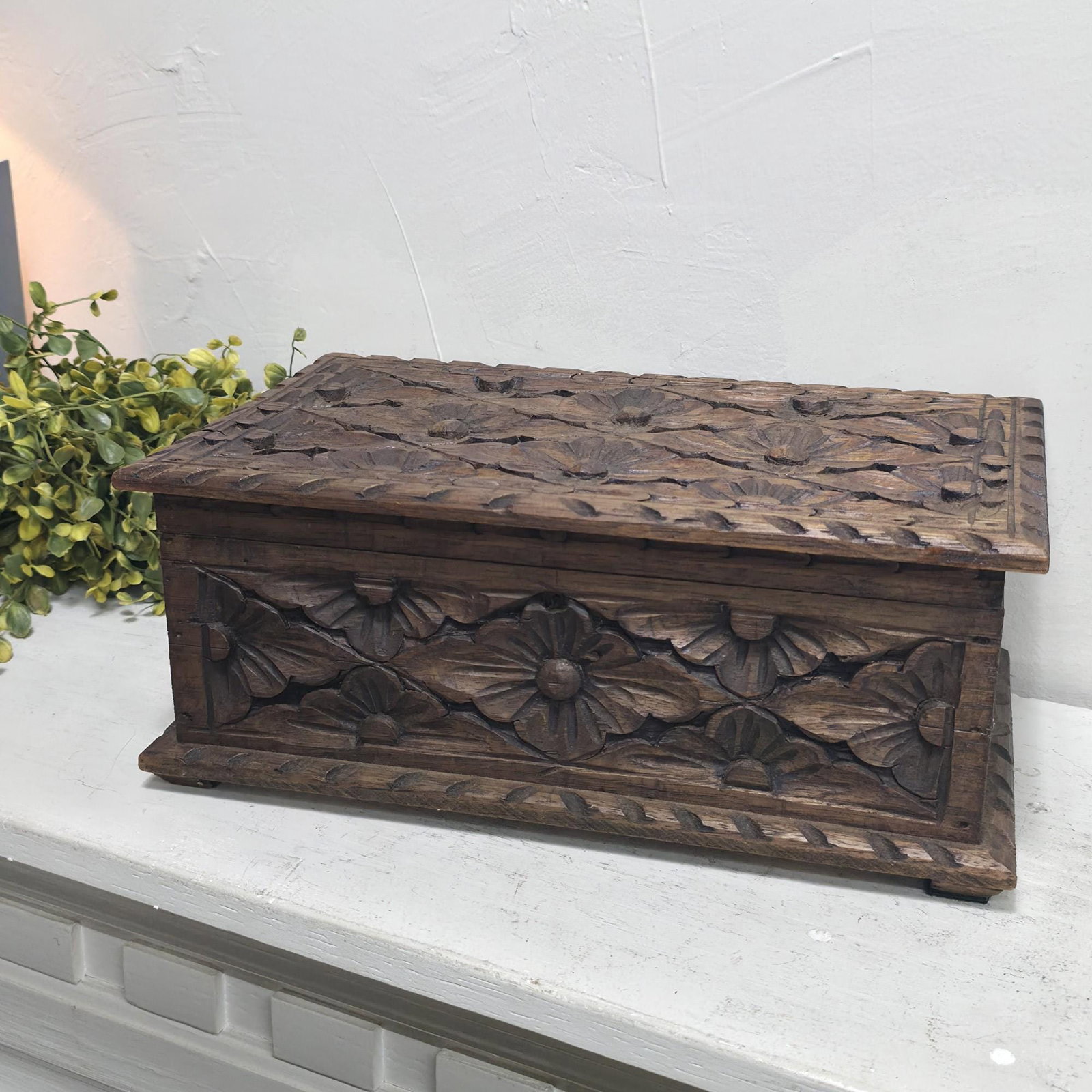 Carved Floral Wood Keepsake Box, Vintage Folk Art Trinket Chest - 6