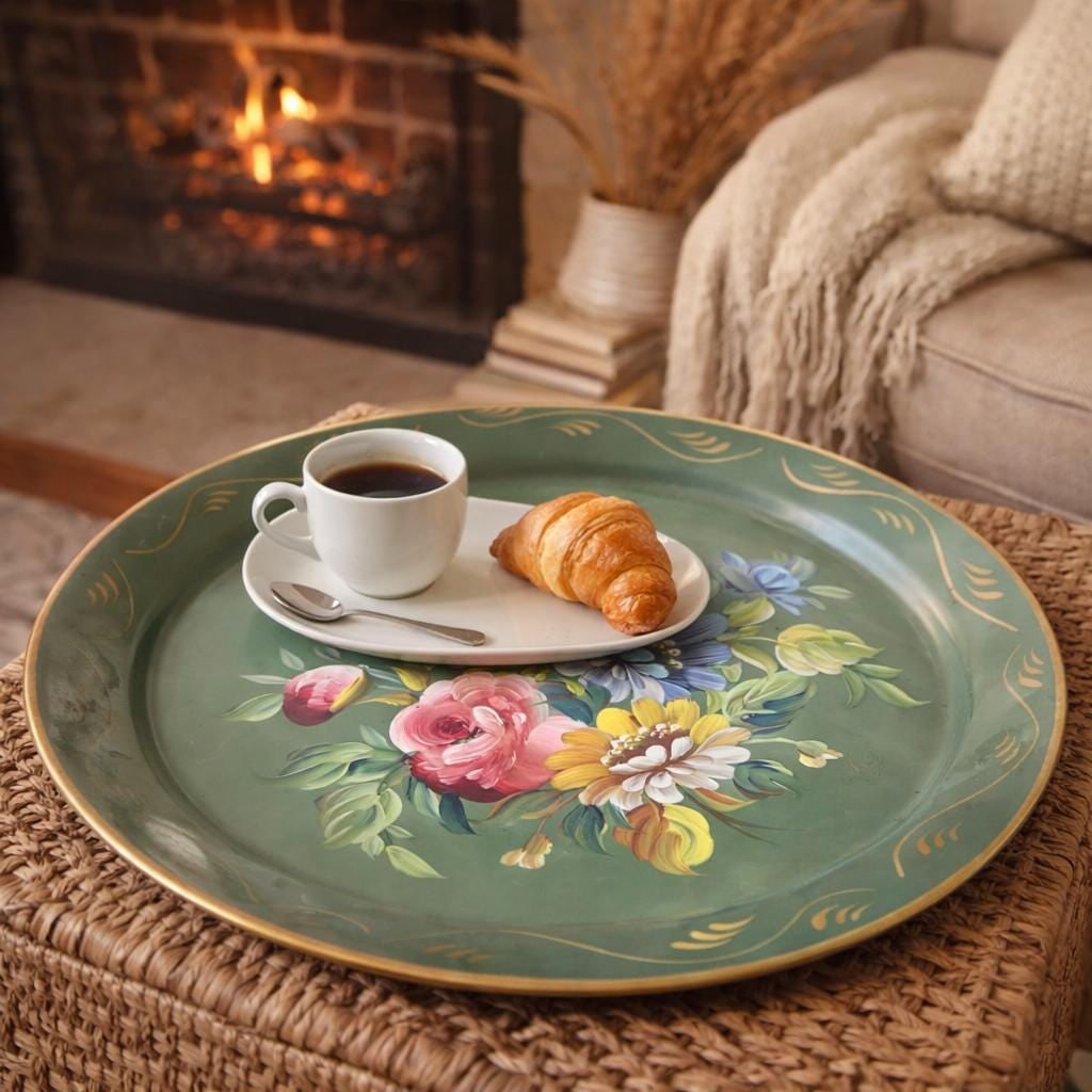 Italian Tole Tray 20" Round Floral Platter, Grandma Chic Decor - 9