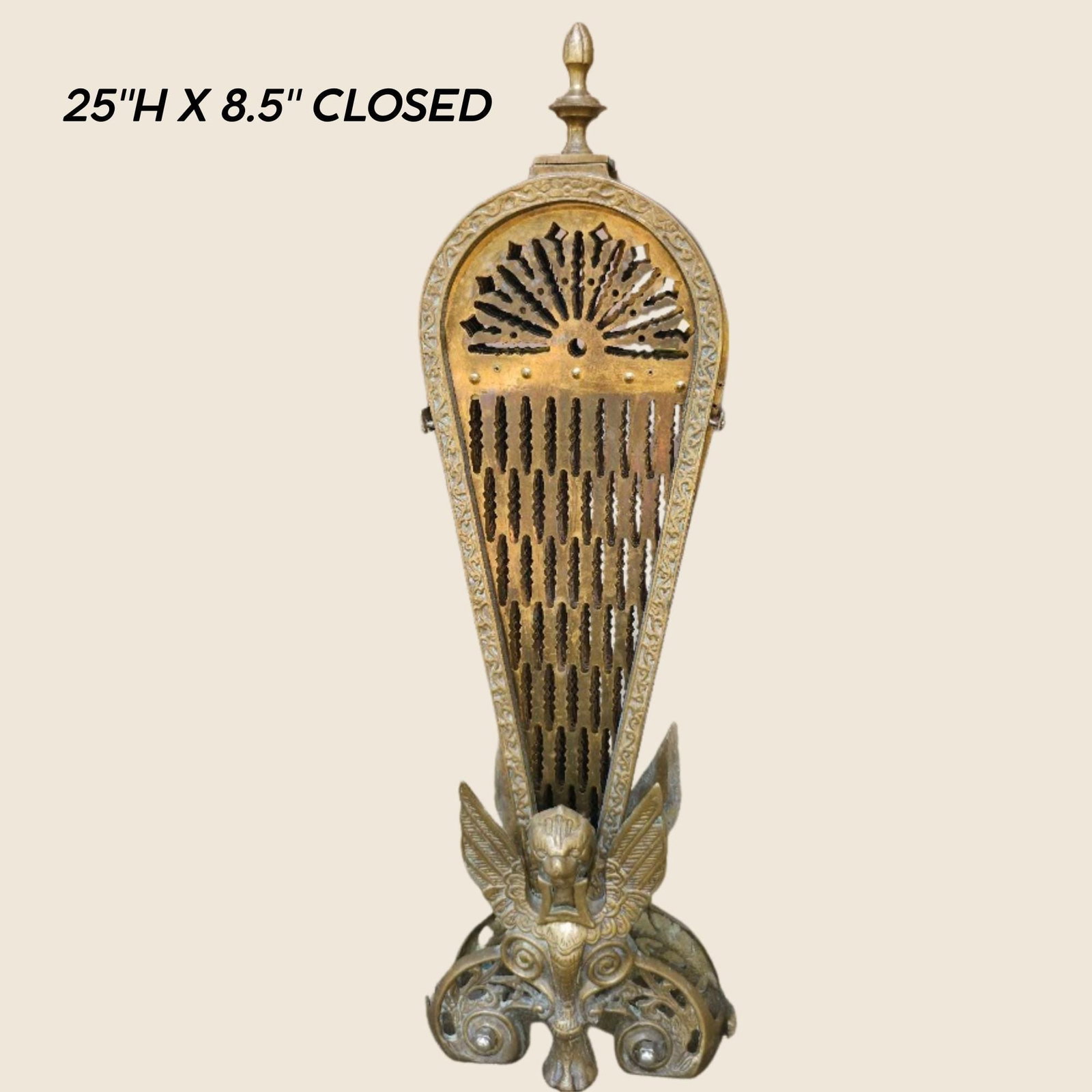 Brass Fireplace Screen Peacock Fan with Winged Dragon Gothic Decor Hollywood Regency - 3