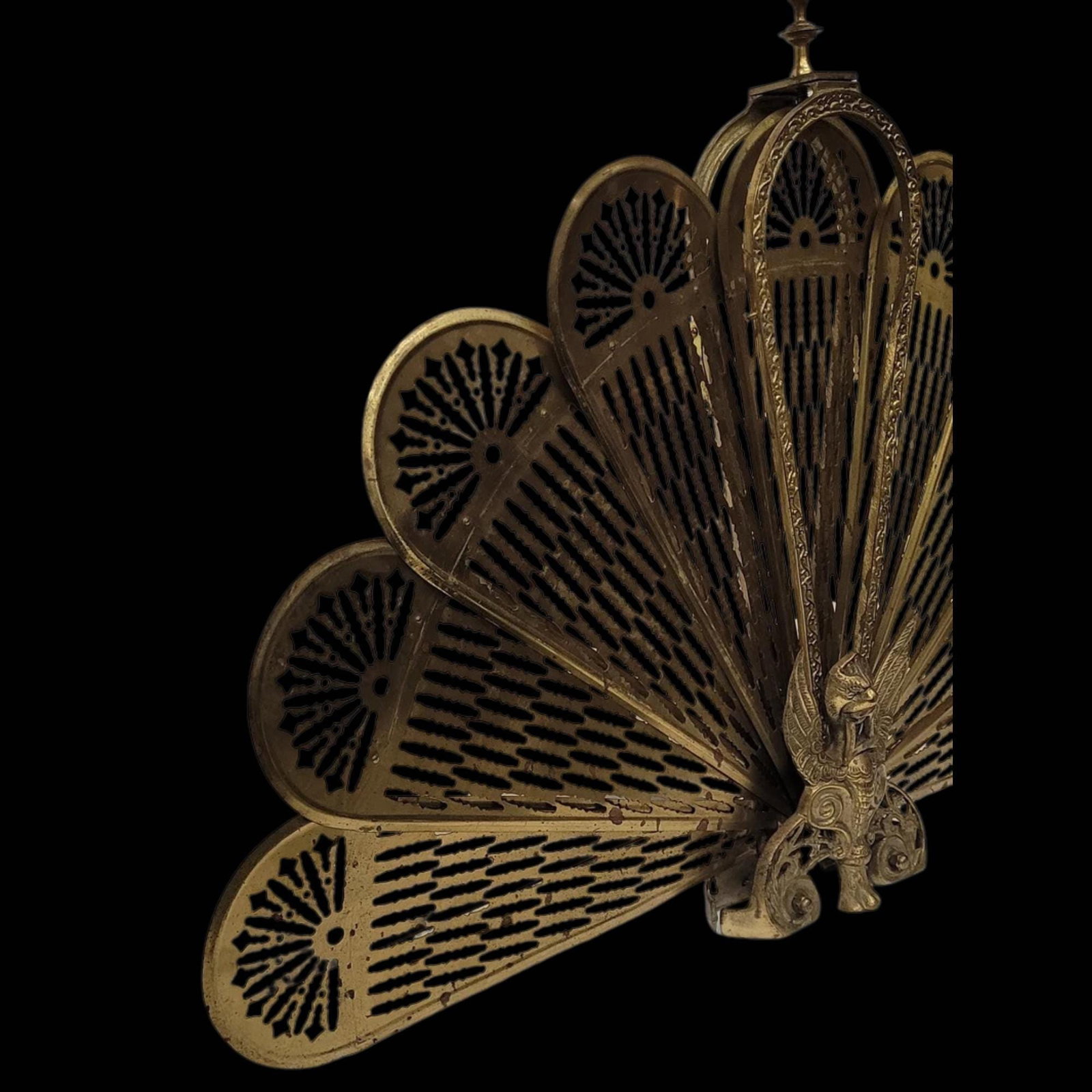 Brass Fireplace Screen Peacock Fan with Winged Dragon Gothic Decor Hollywood Regency - 4