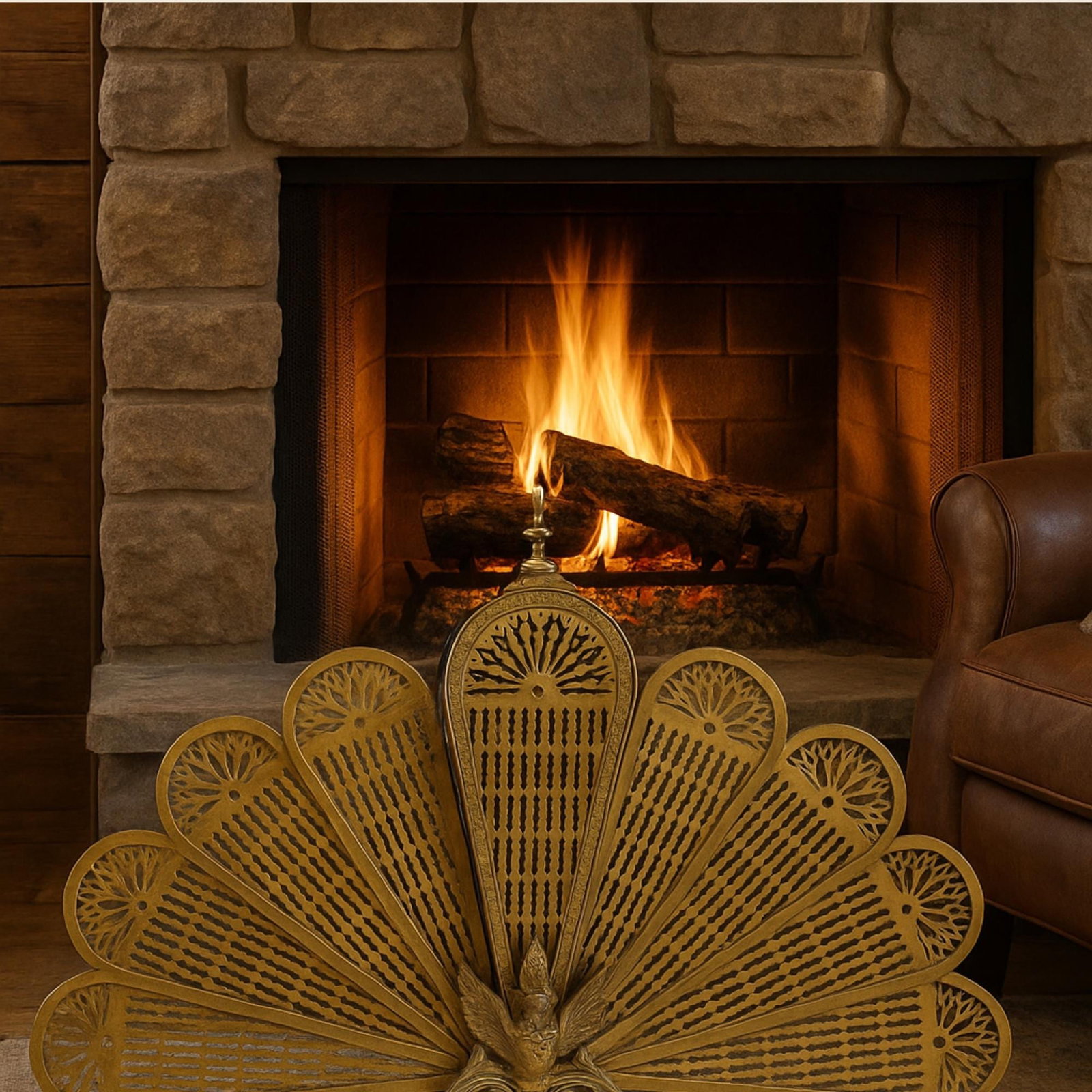 Brass Fireplace Screen Peacock Fan with Winged Dragon Gothic Decor Hollywood Regency - 6
