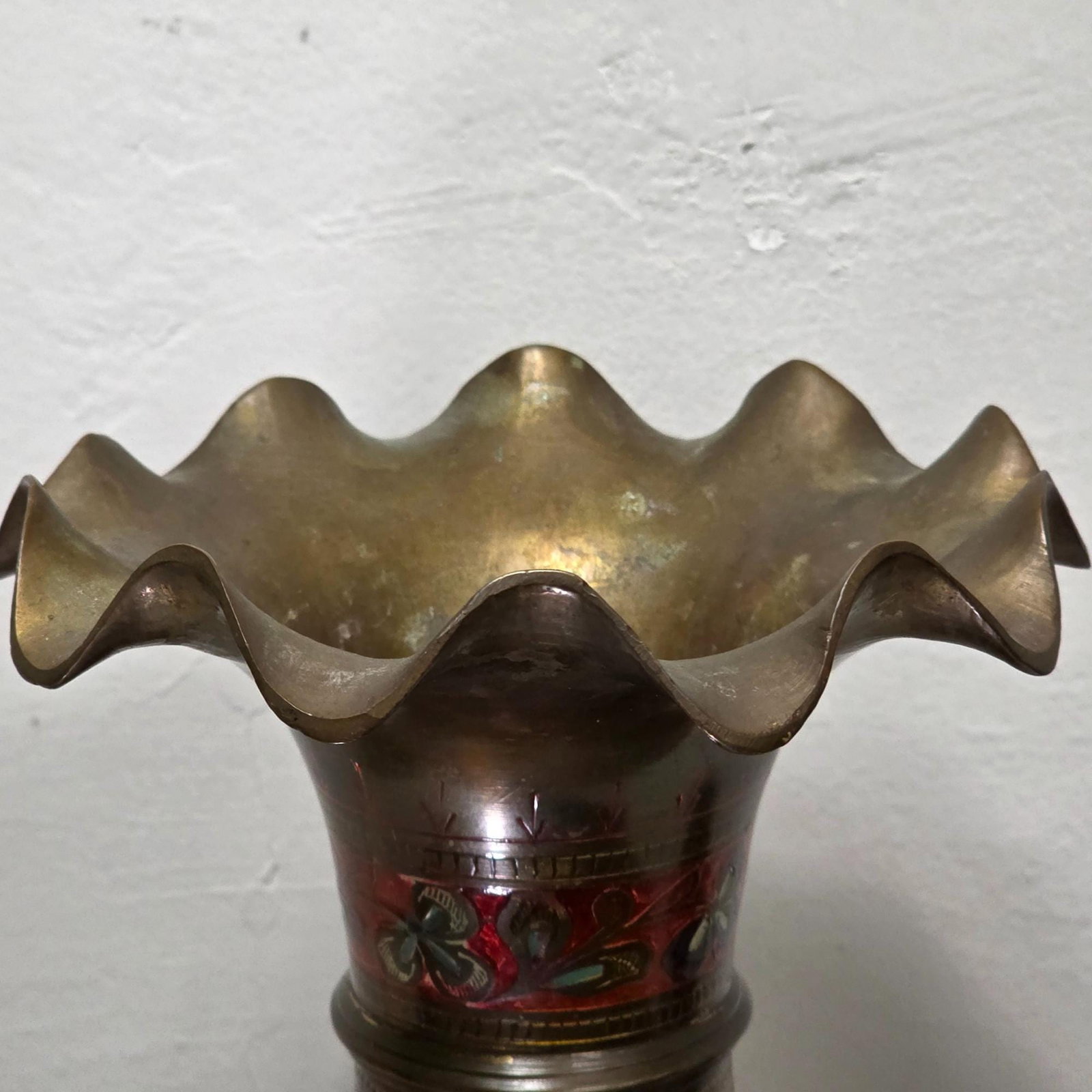 Brass Large Vase Scalloped Floral Etched MCM Pedestal Decor - 3