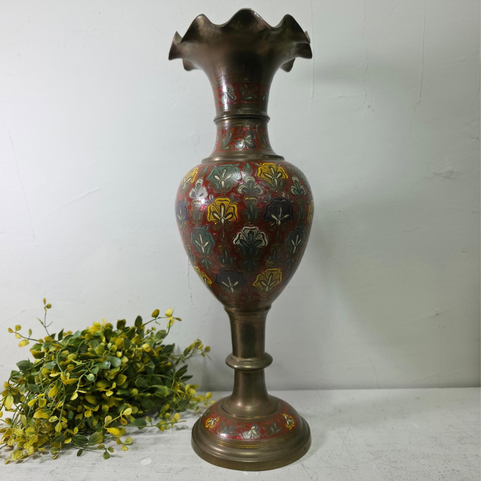 Brass Large Vase Scalloped Floral Etched MCM Pedestal Decor - 9
