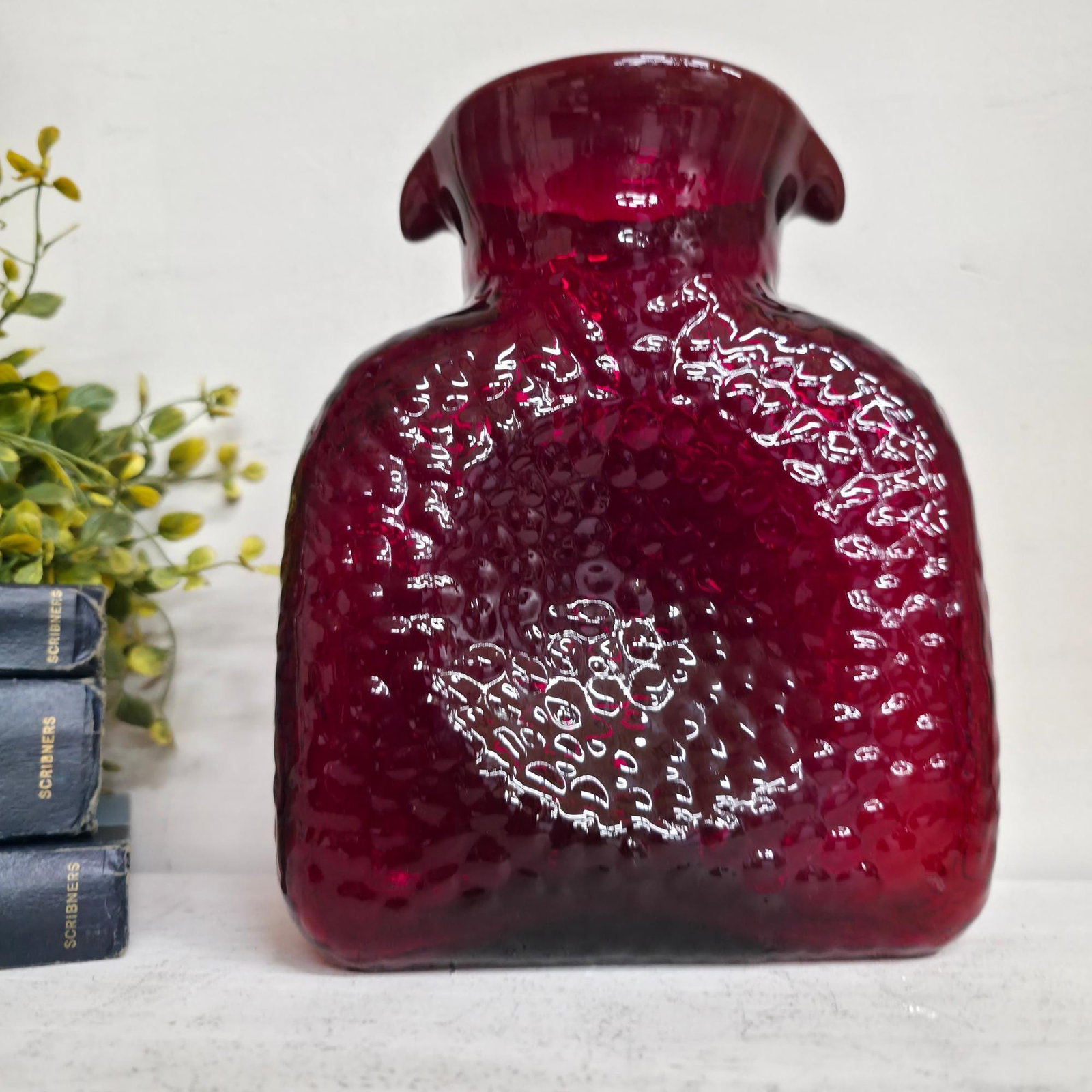 Ruby Red Art Glass Vase, MCM Canteen Form, 8" Garnet Vessel - 10