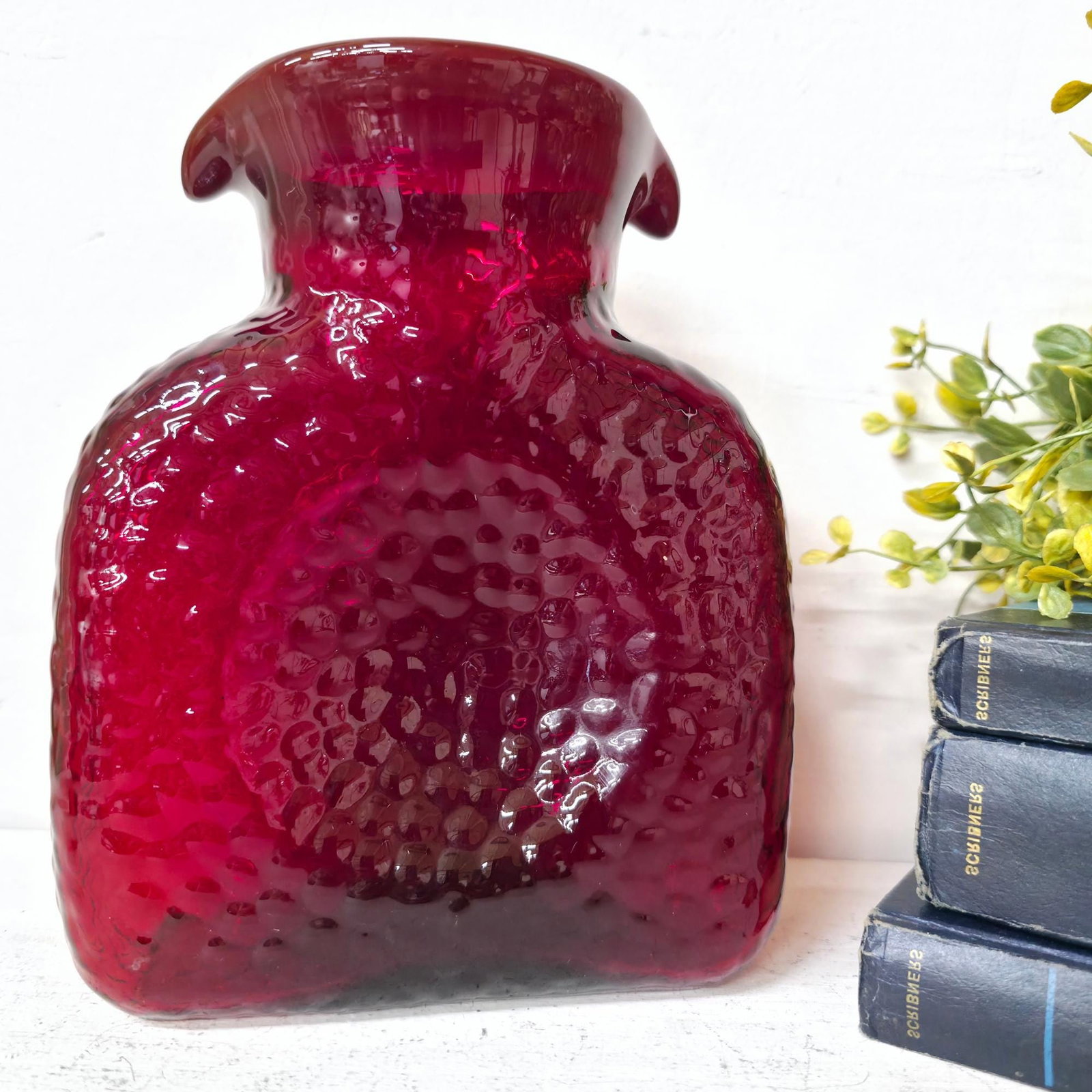 Ruby Red Art Glass Vase, MCM Canteen Form, 8" Garnet Vessel - 8