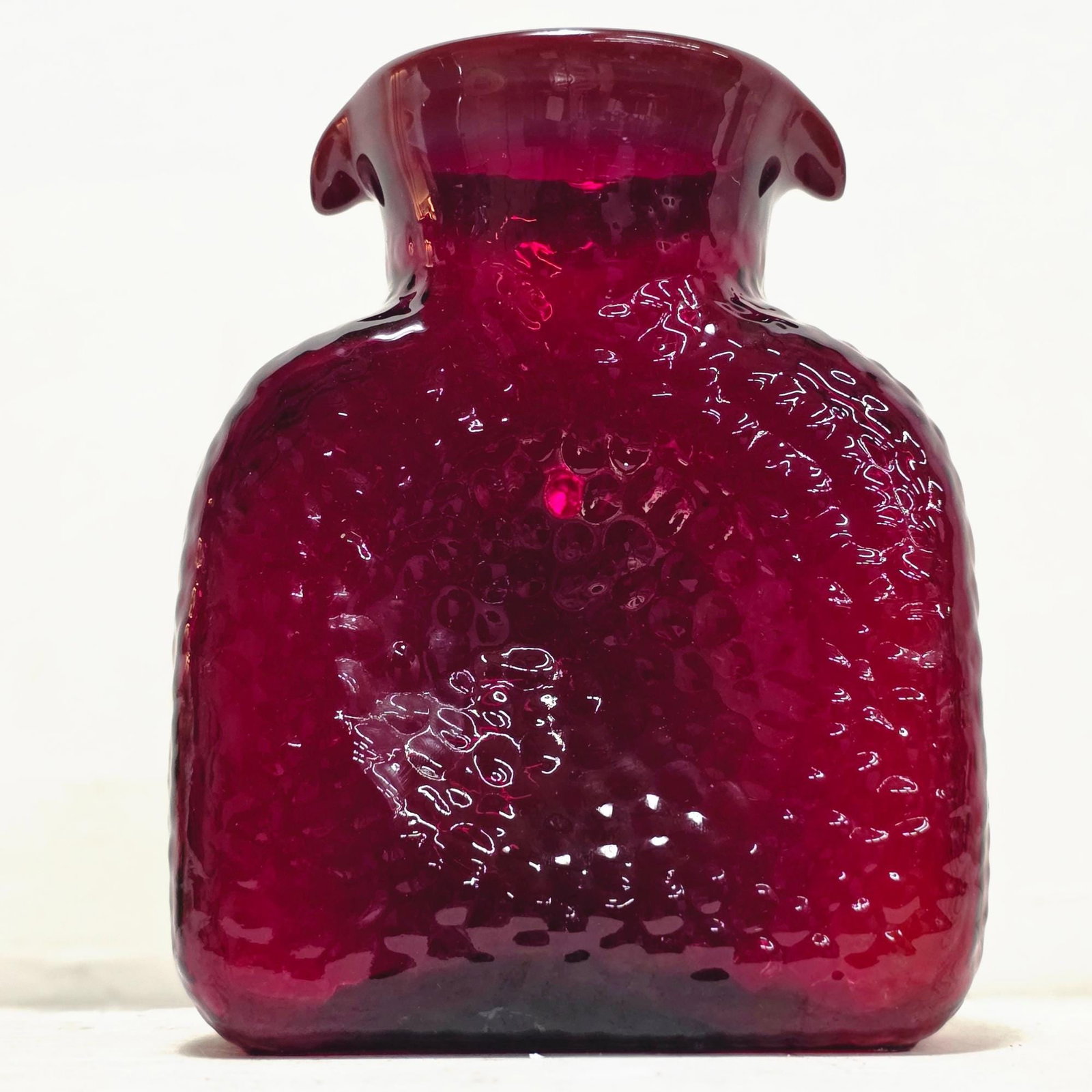 Ruby Red Art Glass Vase, MCM Canteen Form, 8" Garnet Vessel - 9