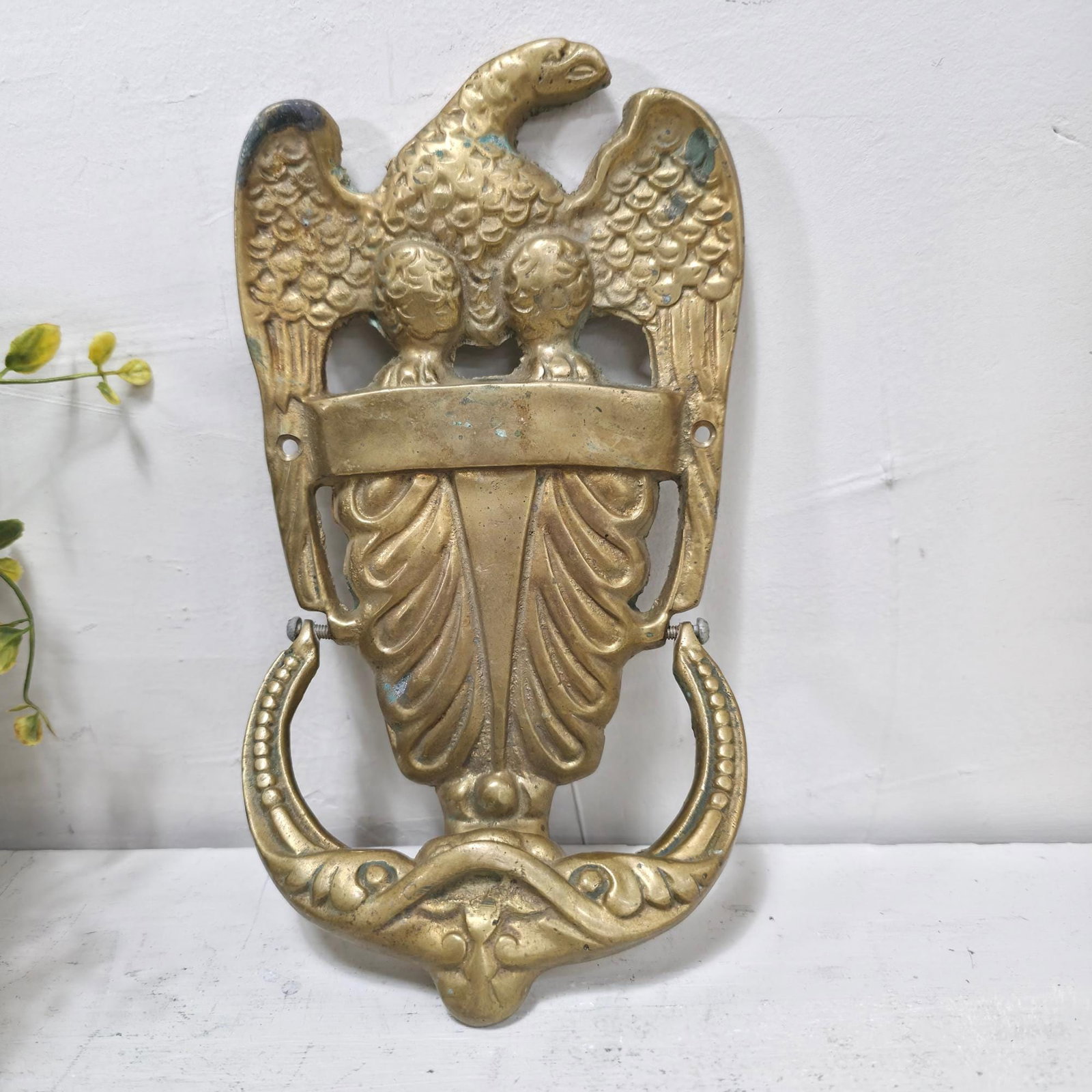 Large Brass Eagle Door Knocker 9.5”, Federal Colonial Entry Decor, Patriotic Americana Accent - 9