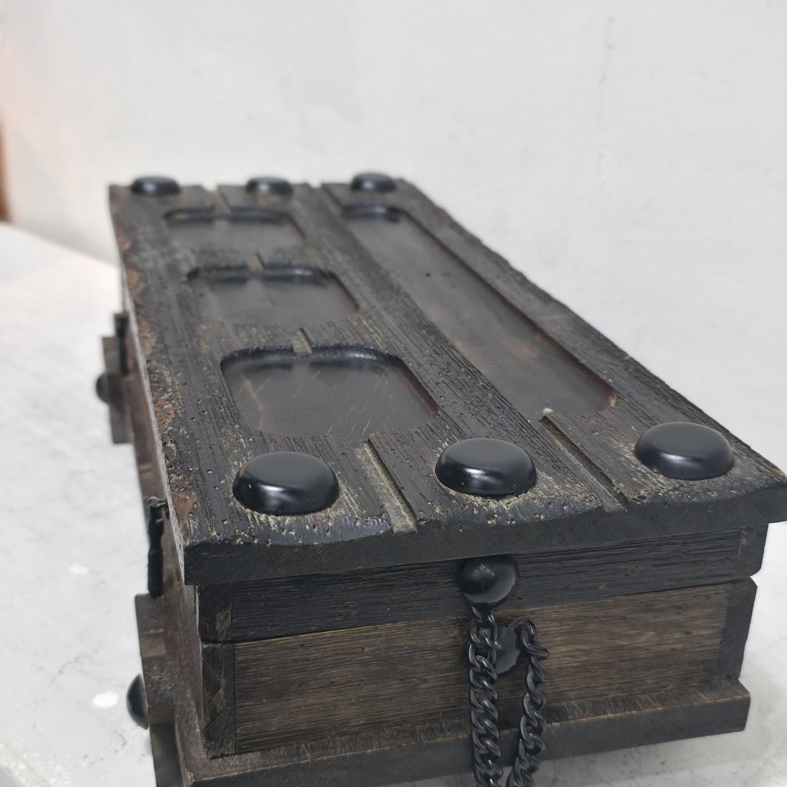 1960s Gothic Casket Box, Dark Wood Burgundy Velvet Dresser Valet - 10
