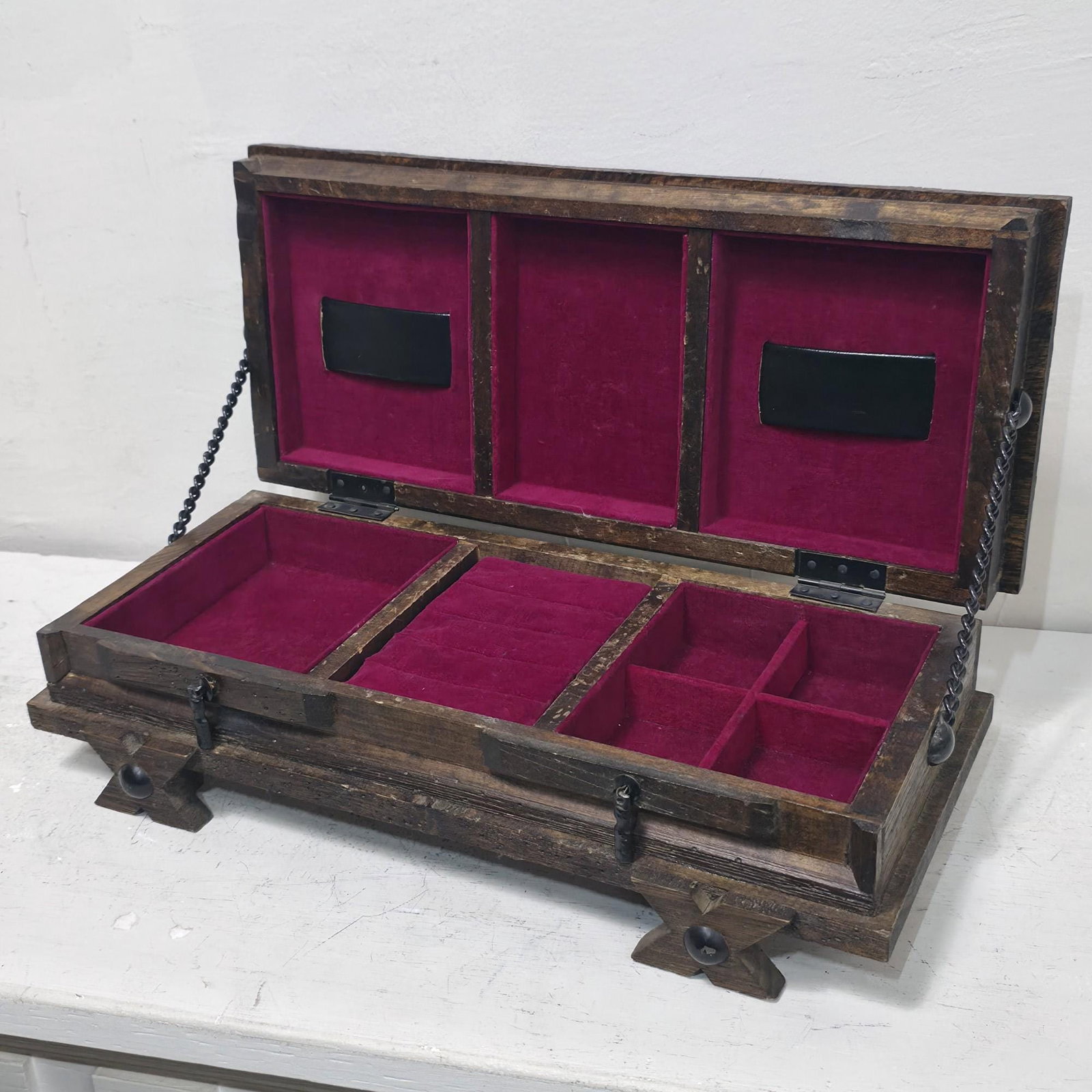 1960s Gothic Casket Box, Dark Wood Burgundy Velvet Dresser Valet - 12