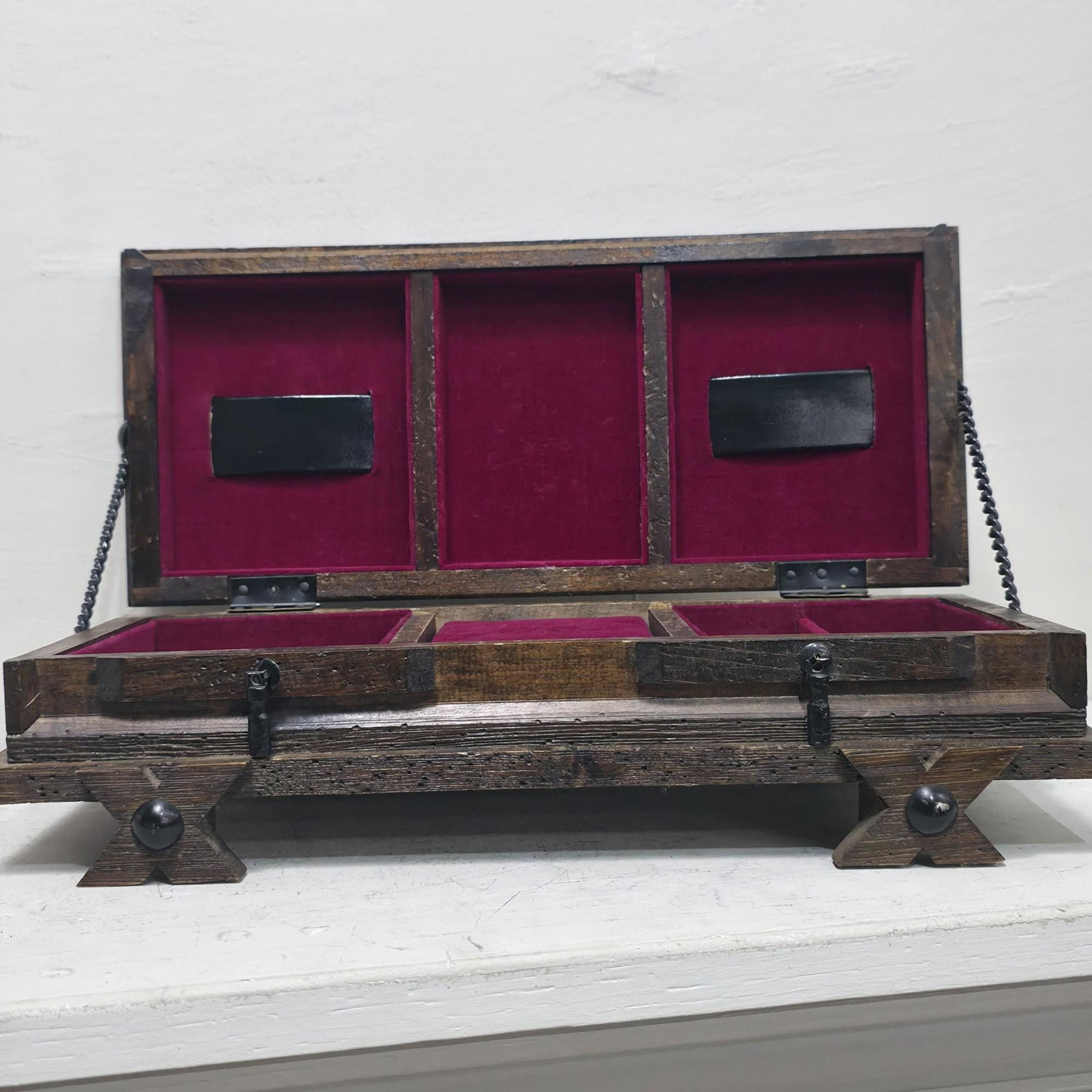 1960s Gothic Casket Box, Dark Wood Burgundy Velvet Dresser Valet - 14