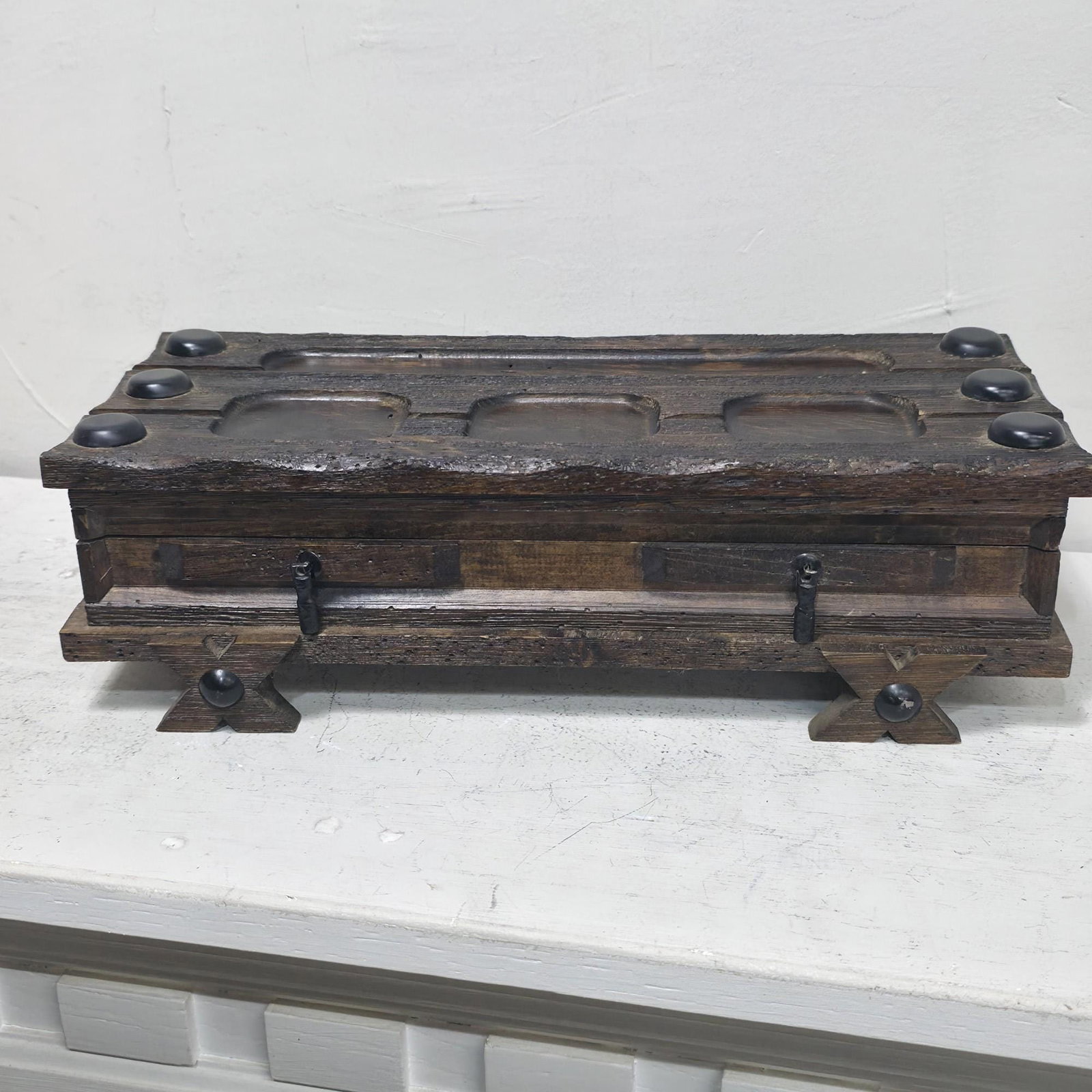 1960s Gothic Casket Box, Dark Wood Burgundy Velvet Dresser Valet - 15