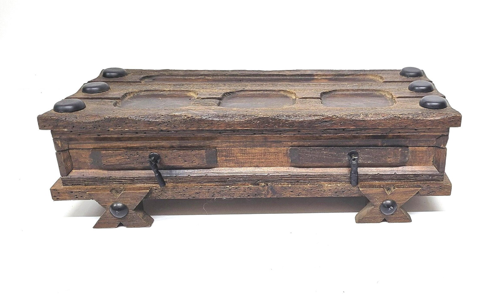 1960s Gothic Casket Box, Dark Wood Burgundy Velvet Dresser Valet: Dark wood. Burgundy velvet. Iron-dark hardware with side chains and studded accents. This 1960s casket-style valet box is not basic storage — it's a piece for a dresser that means business. DETA