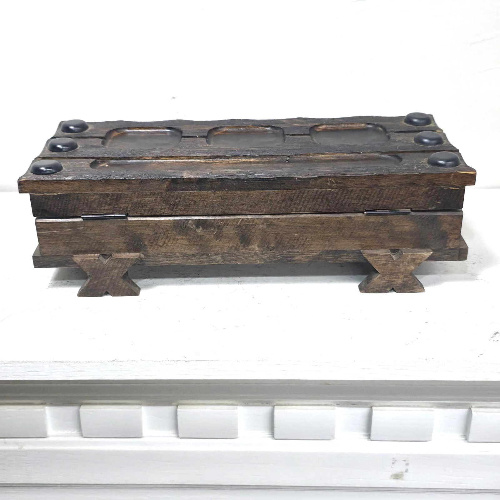 1960s Gothic Casket Box, Dark Wood Burgundy Velvet Dresser Valet - 2