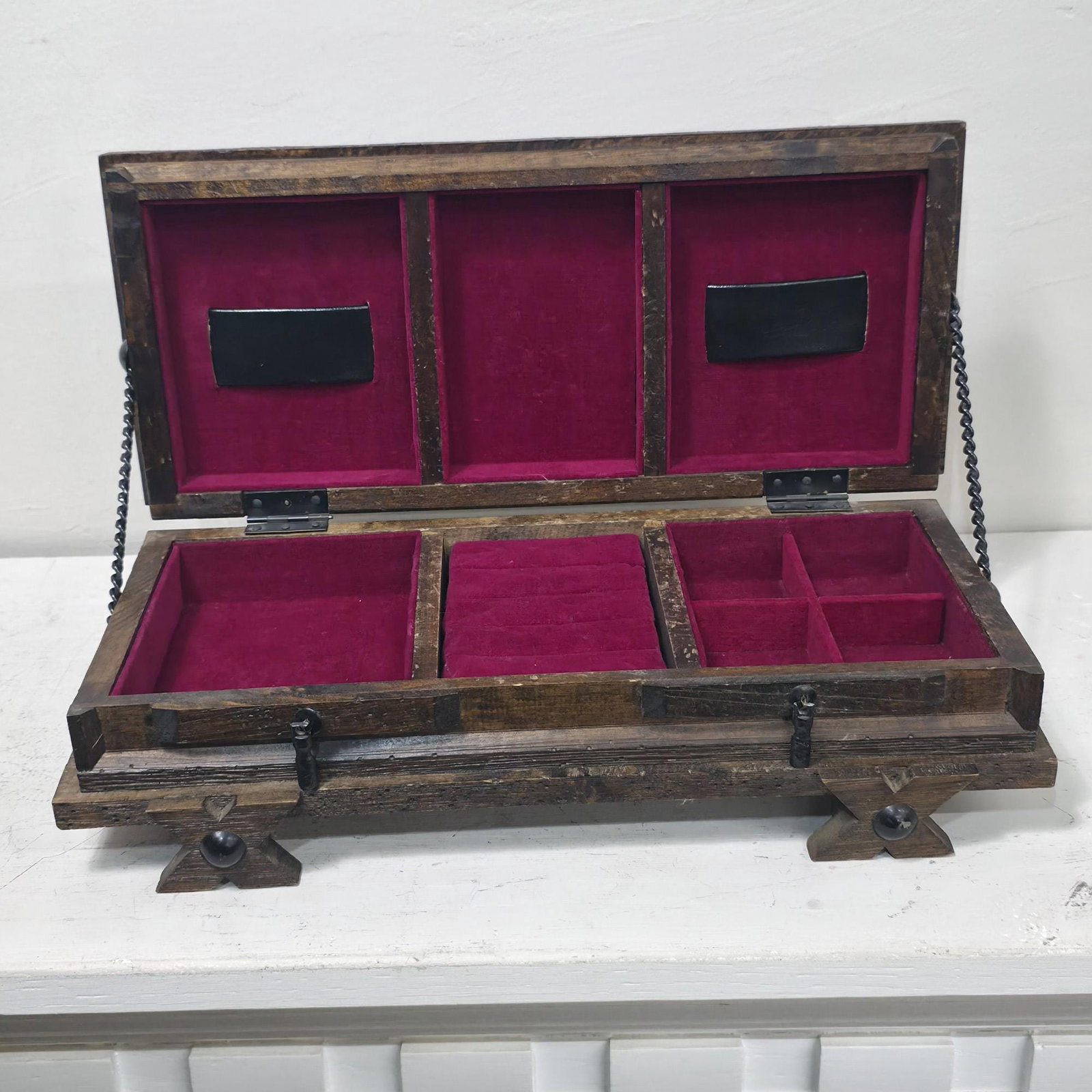 1960s Gothic Casket Box, Dark Wood Burgundy Velvet Dresser Valet - 4