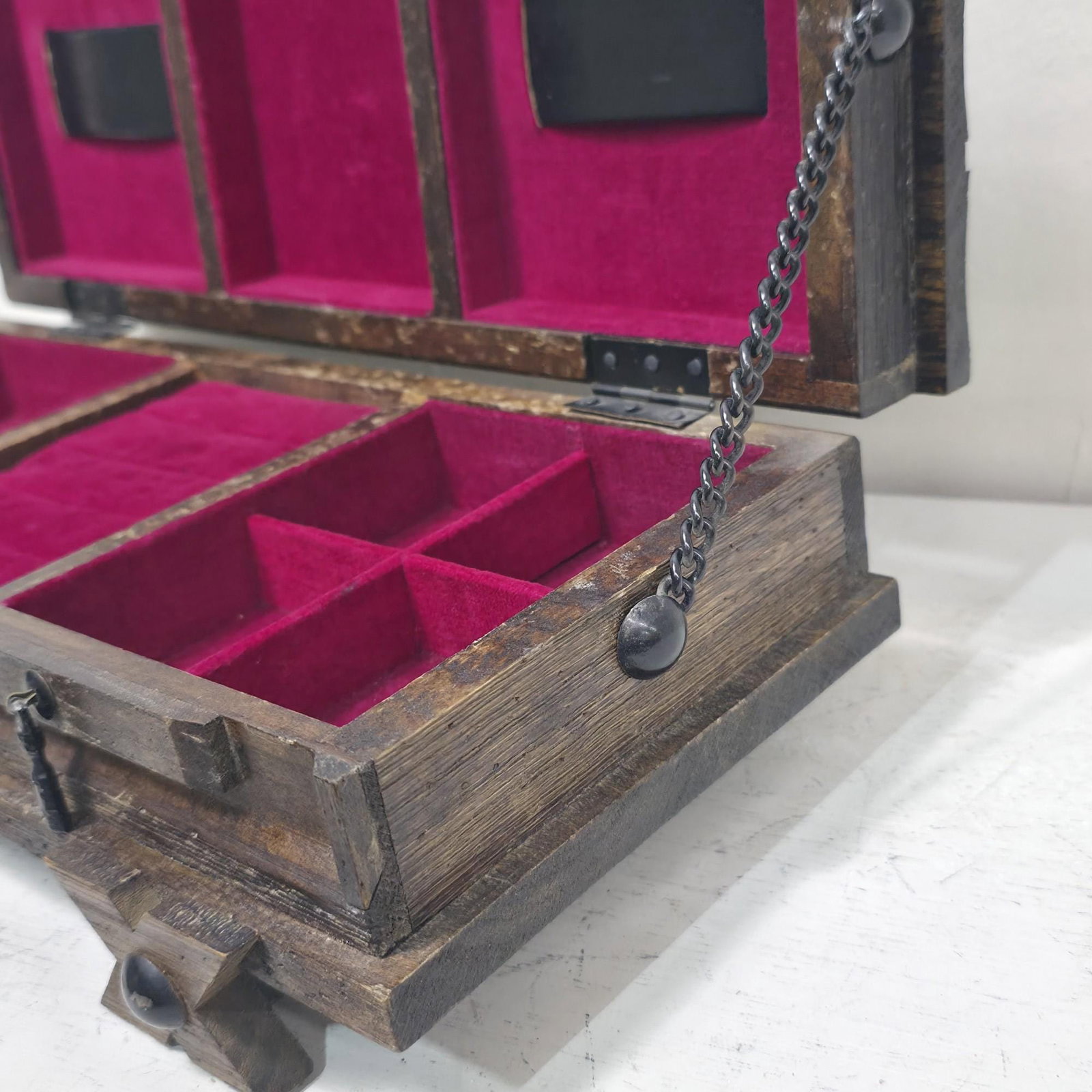 1960s Gothic Casket Box, Dark Wood Burgundy Velvet Dresser Valet - 8