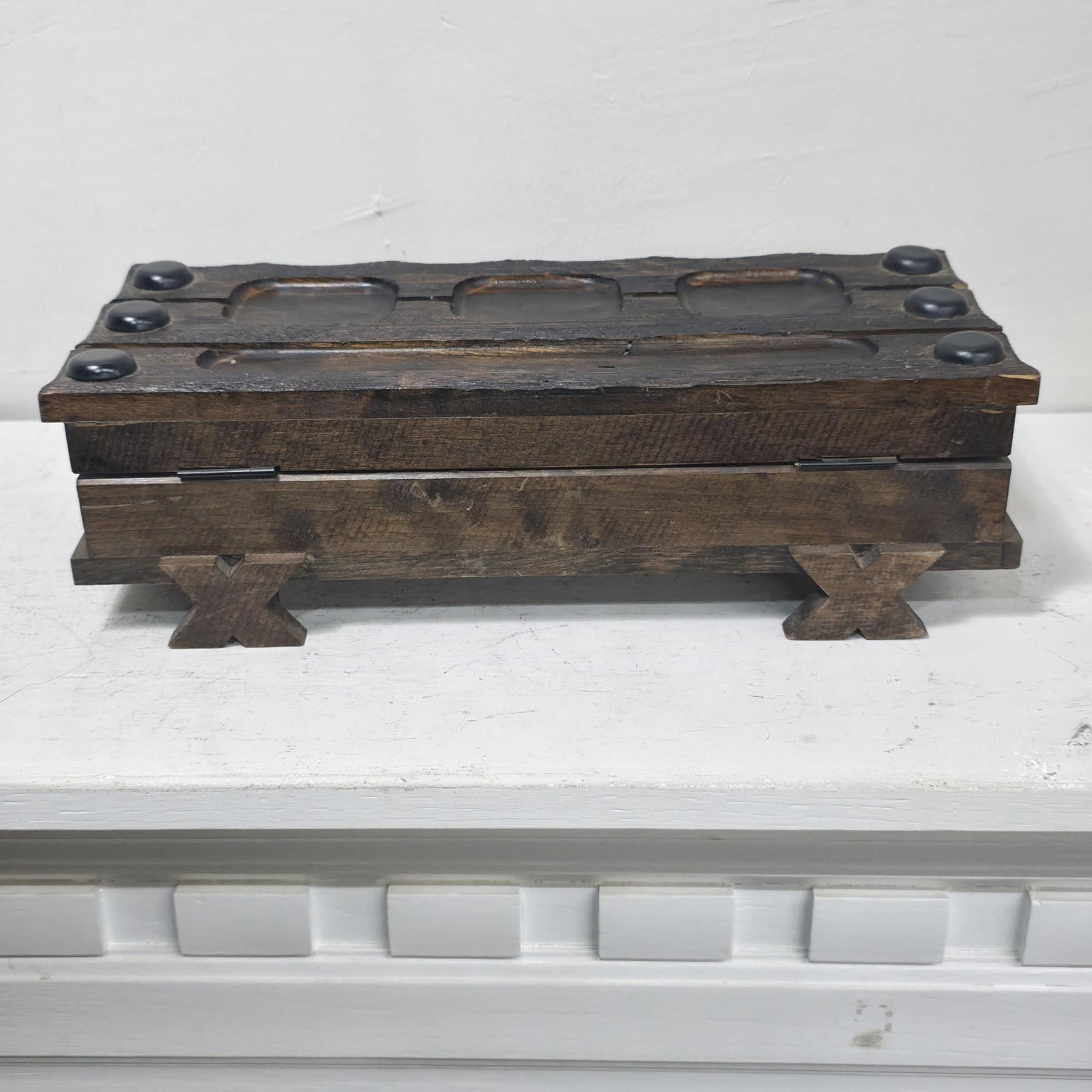 1960s Gothic Casket Box, Dark Wood Burgundy Velvet Dresser Valet - 9