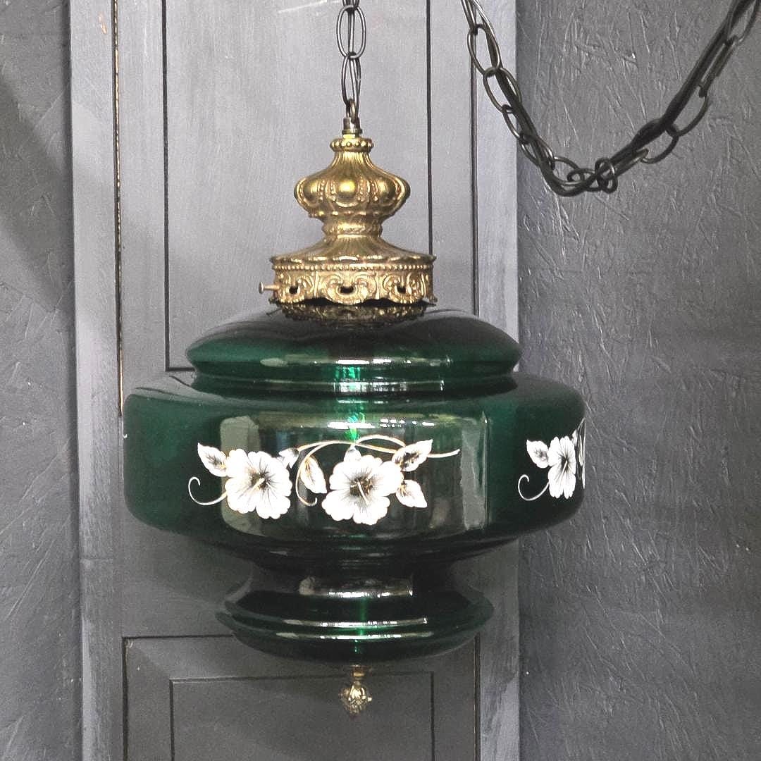 Emerald Green Glass Swag Lamp, Floral Painted Shade, Newly Rewired Plug Into Wall: Vintage Emerald Green Floral Swag Lamp — Plug-In (New Wiring) A true mood-maker: rich green glass that glows beautifully when lit, with delicate hand-painted white floral decoration and decorati