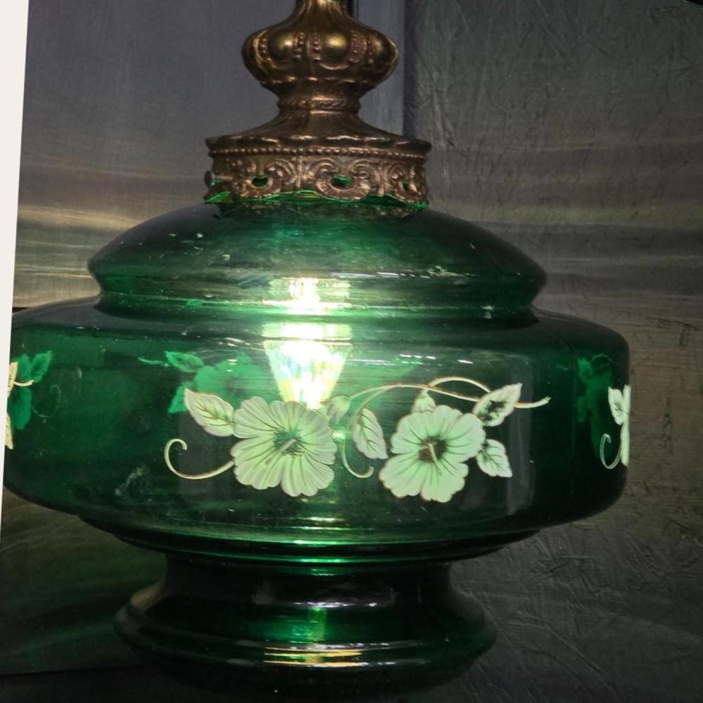 Emerald Green Glass Swag Lamp, Floral Painted Shade, Newly Rewired Plug Into Wall - 2