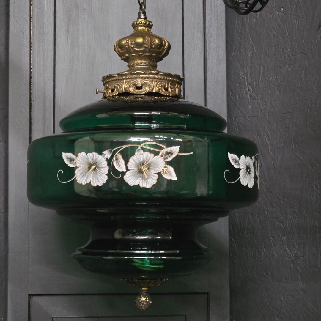 Emerald Green Glass Swag Lamp, Floral Painted Shade, Newly Rewired Plug Into Wall - 3