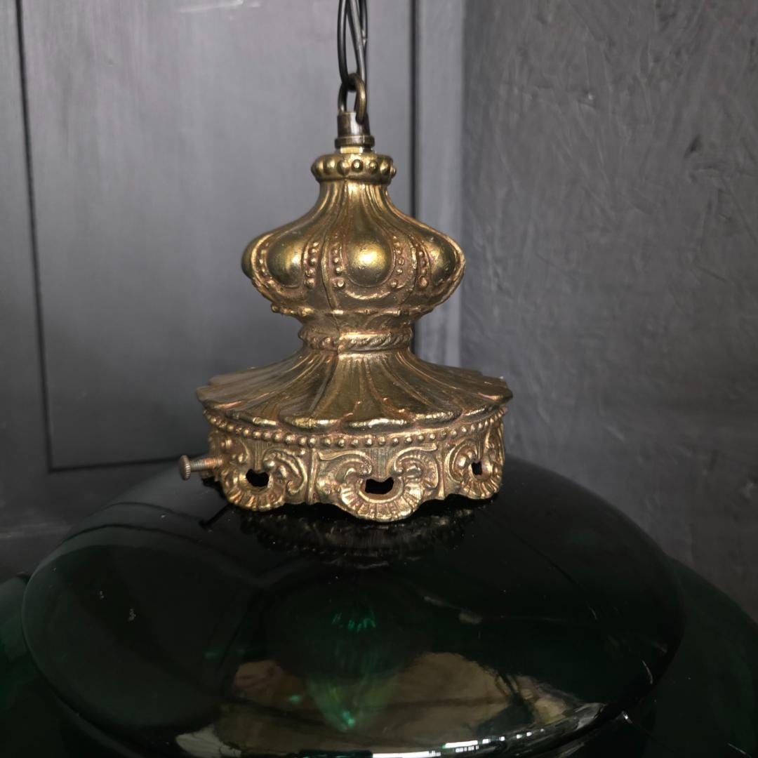 Emerald Green Glass Swag Lamp, Floral Painted Shade, Newly Rewired Plug Into Wall - 4