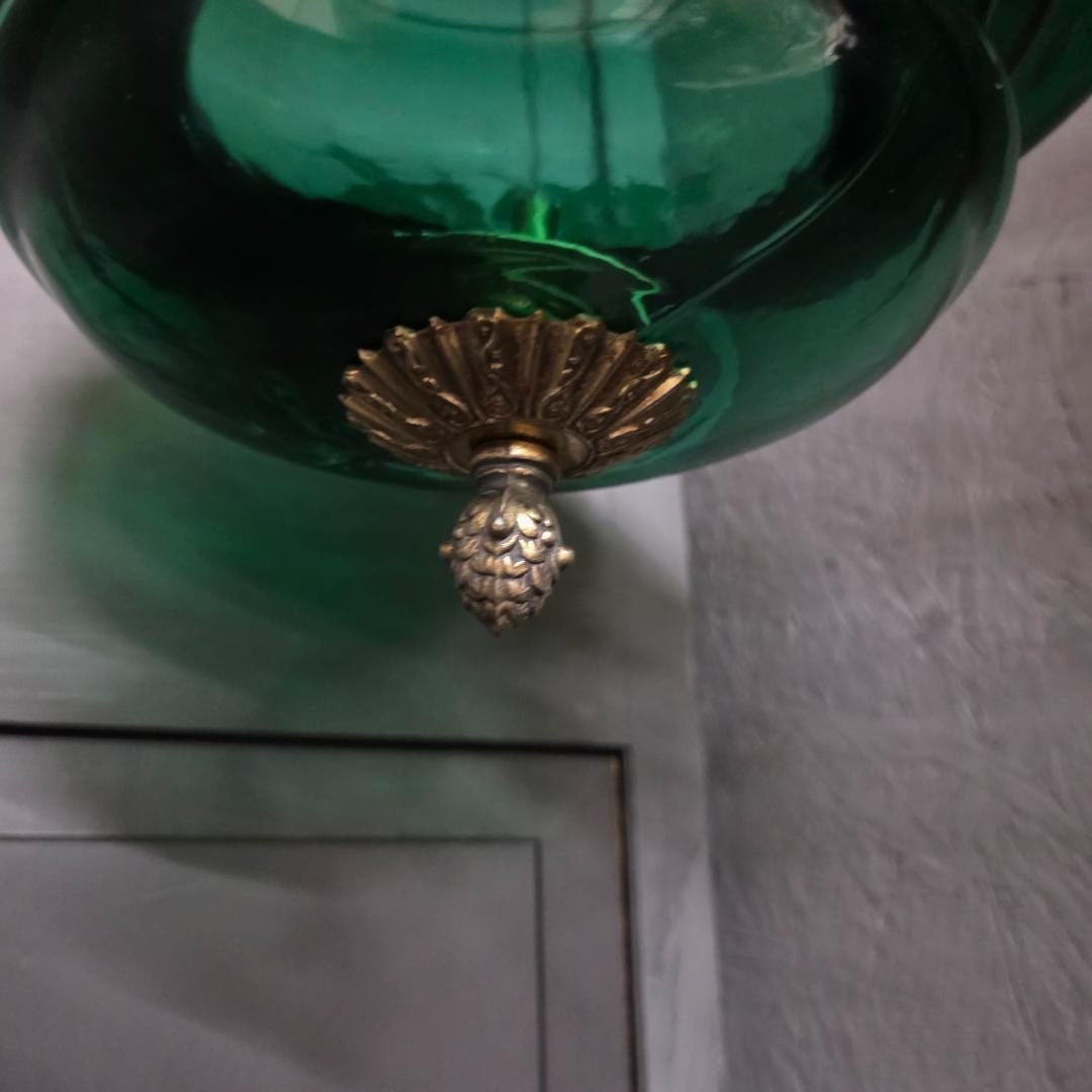 Emerald Green Glass Swag Lamp, Floral Painted Shade, Newly Rewired Plug Into Wall - 5