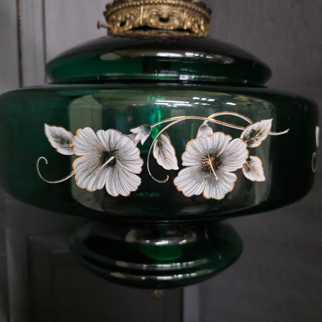 Emerald Green Glass Swag Lamp, Floral Painted Shade, Newly Rewired Plug Into Wall - 6