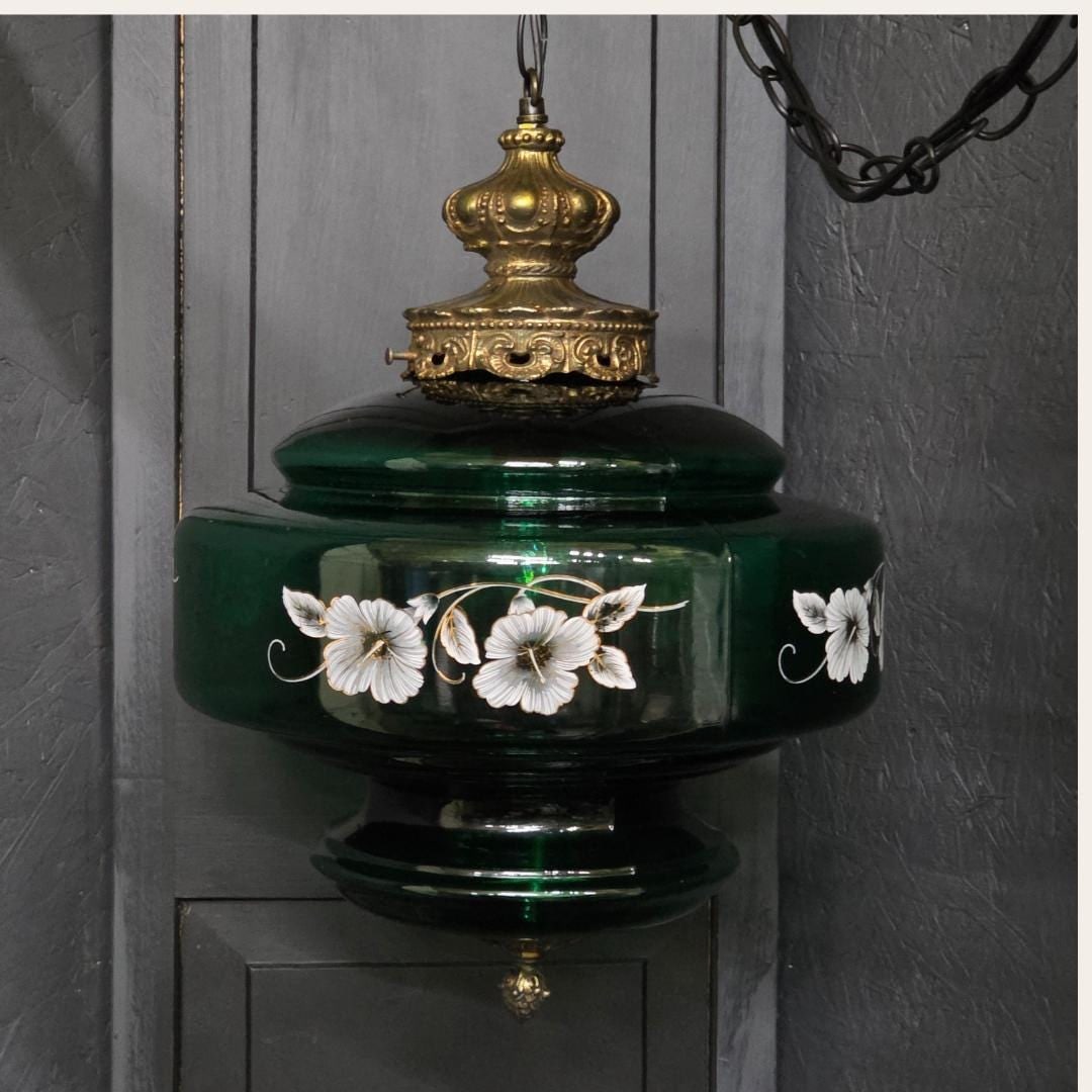 Emerald Green Glass Swag Lamp, Floral Painted Shade, Newly Rewired Plug Into Wall - 7
