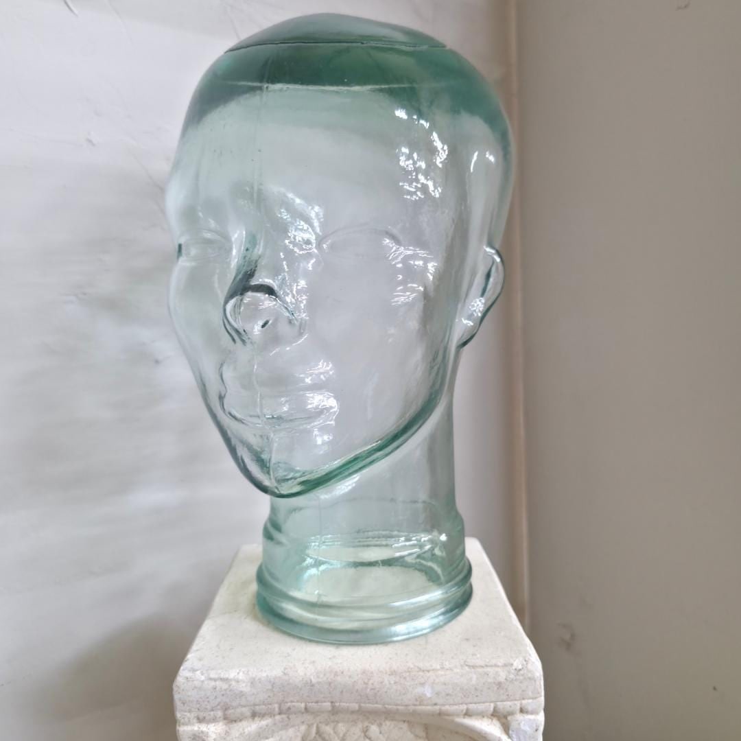 Vintage Aqua Glass Mannequin Head Sculpture, Heavy Molded Bust, Cloche Decor - 2