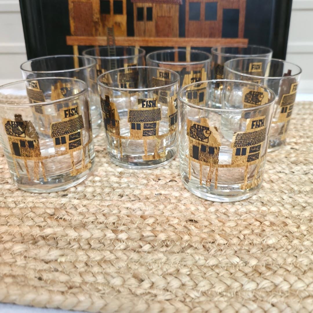 Couroc Monterey Fish Rocks Glasses Set of 8 with Tray, Mid Century Barware - 10