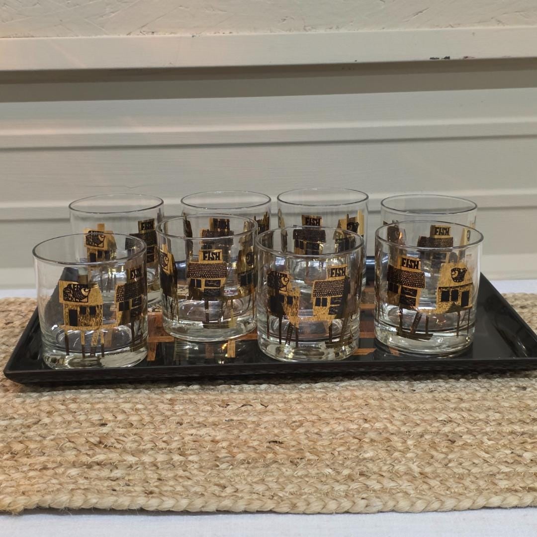 Couroc Monterey Fish Rocks Glasses Set of 8 with Tray, Mid Century Barware - 13
