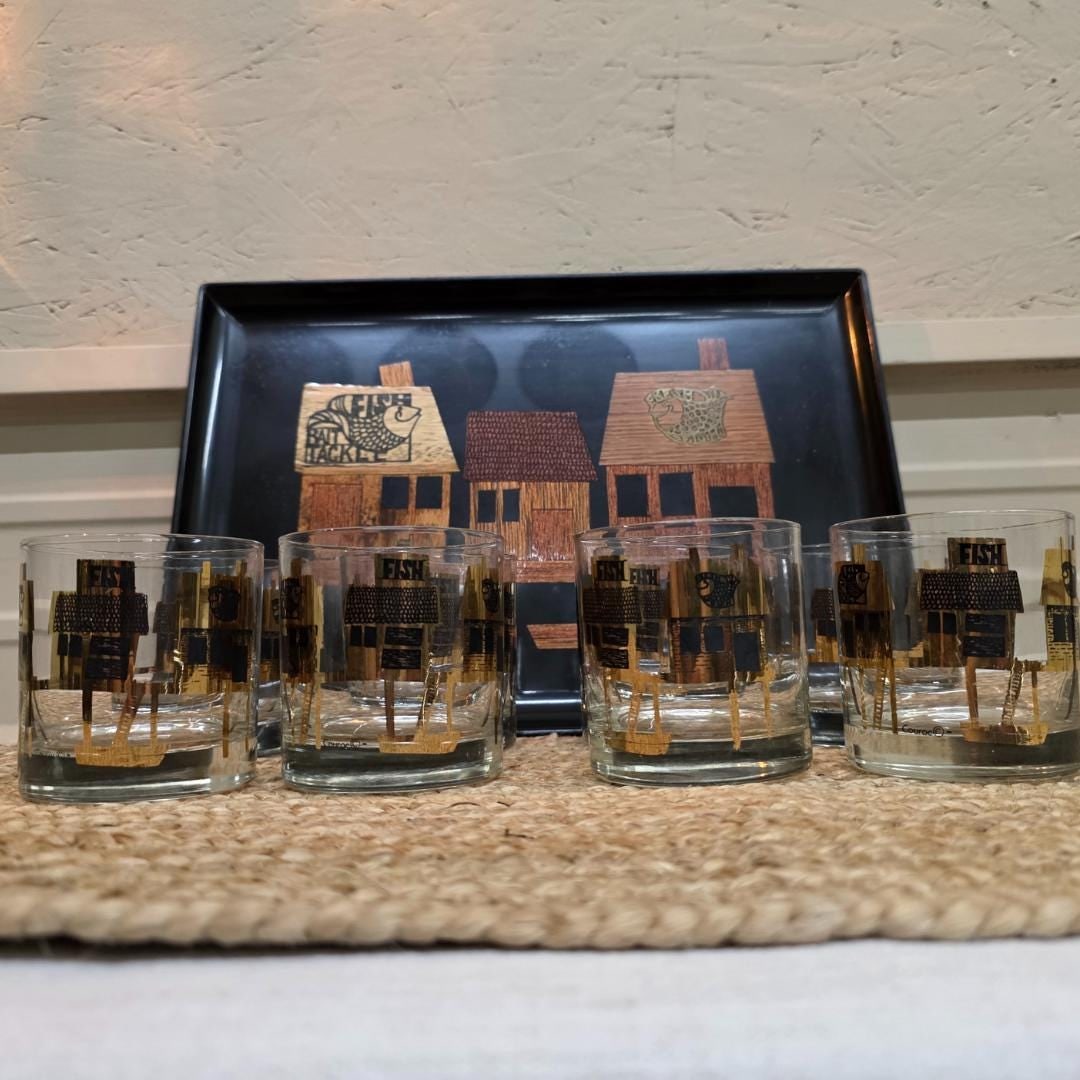 Couroc Monterey Fish Rocks Glasses Set of 8 with Tray, Mid Century Barware - 14