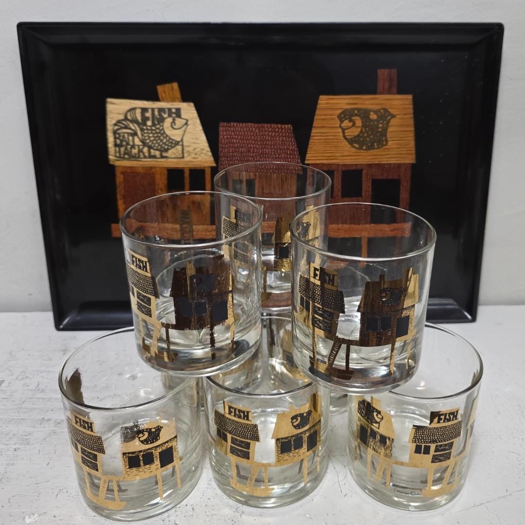 Couroc Monterey Fish Rocks Glasses Set of 8 with Tray, Mid Century Barware - 15
